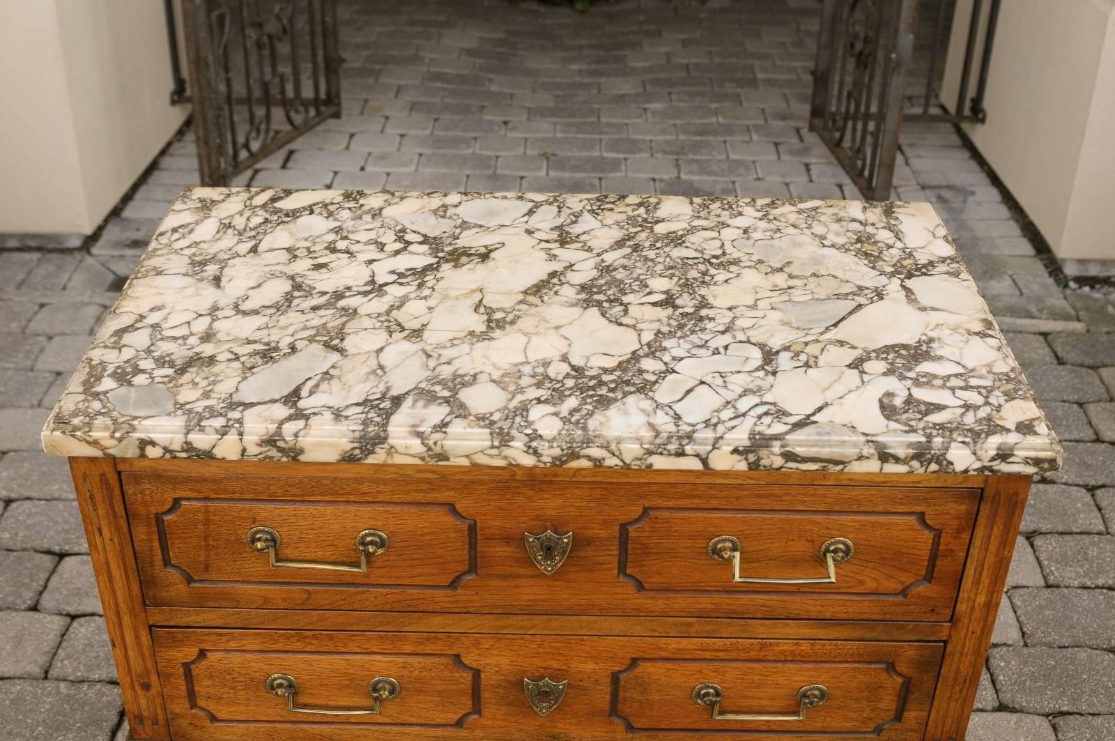 19th Century French Neoclassical Style 1880s Oak Two-Drawer Chest with Variegated Marble Top