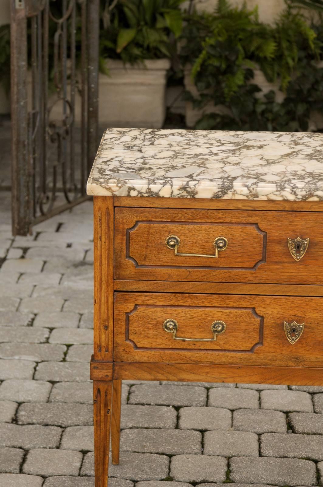French Neoclassical Style 1880s Oak Two-Drawer Chest with Variegated Marble Top 2