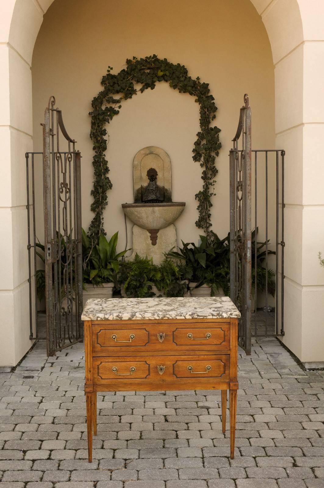 French Neoclassical Style 1880s Oak Two-Drawer Chest with Variegated Marble Top In Good Condition In Atlanta, GA