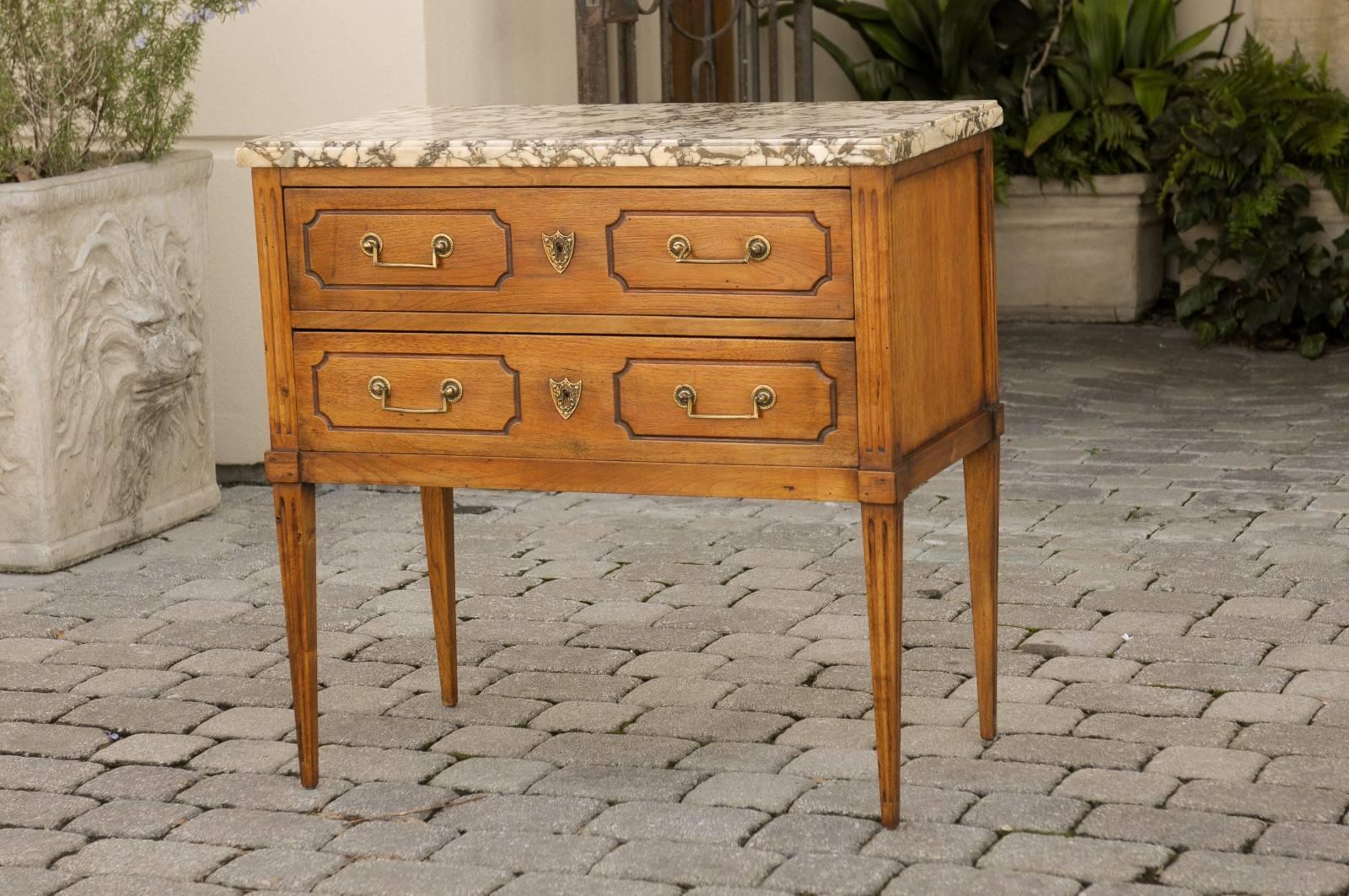 French Neoclassical Style 1880s Oak Two-Drawer Chest with Variegated Marble Top 6