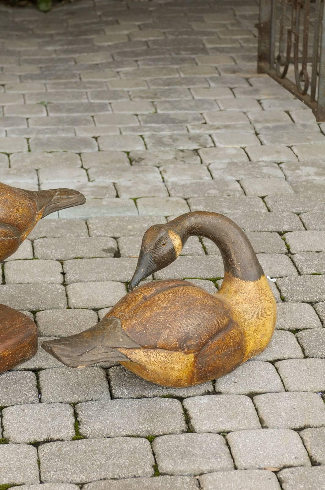 Set of Three 1900s Life-Size Wood Carved Black-Necked Painted Geese  In Good Condition In Atlanta, GA