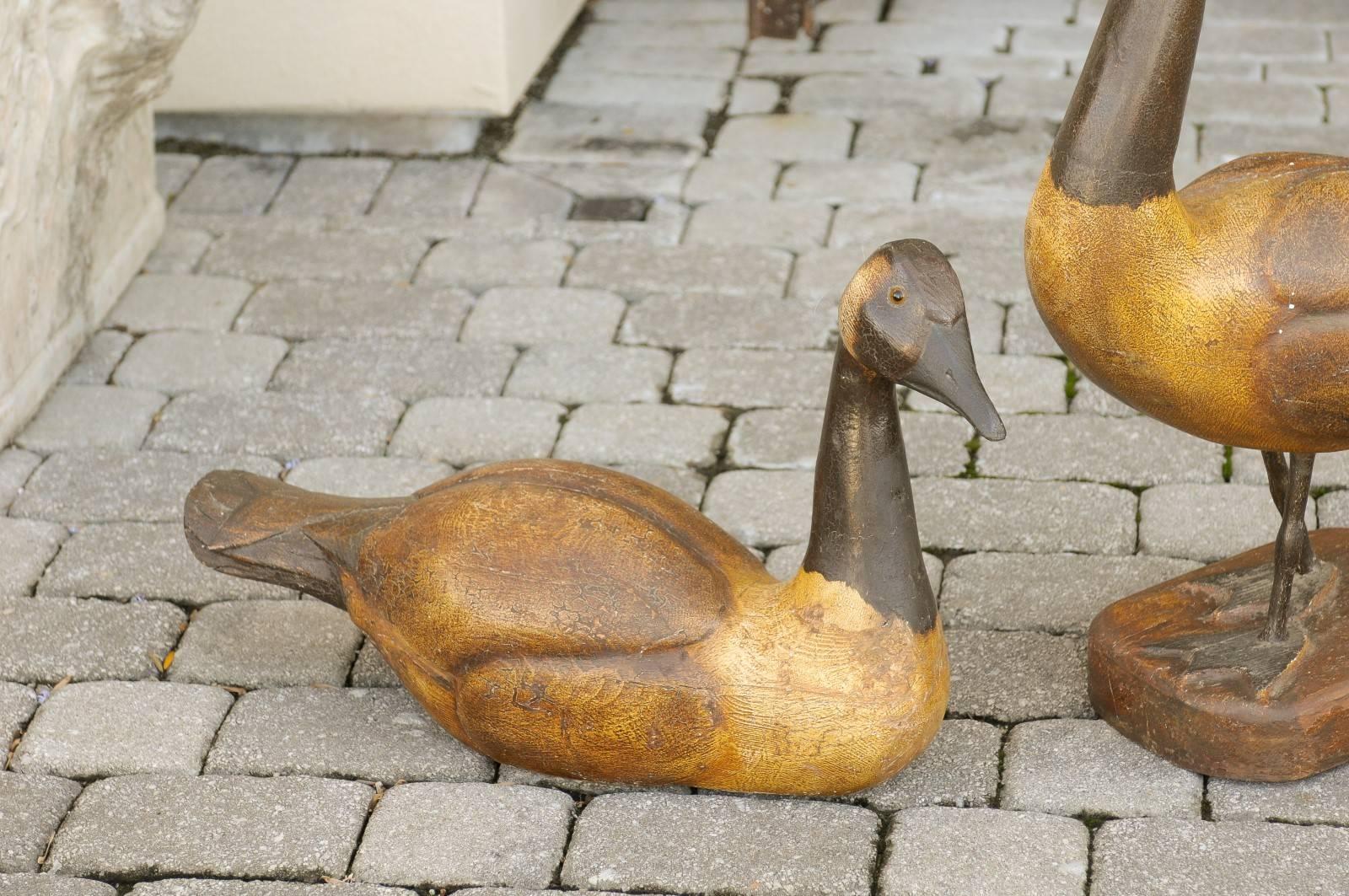 Set of Three 1900s Life-Size Wood Carved Black-Necked Painted Geese  2