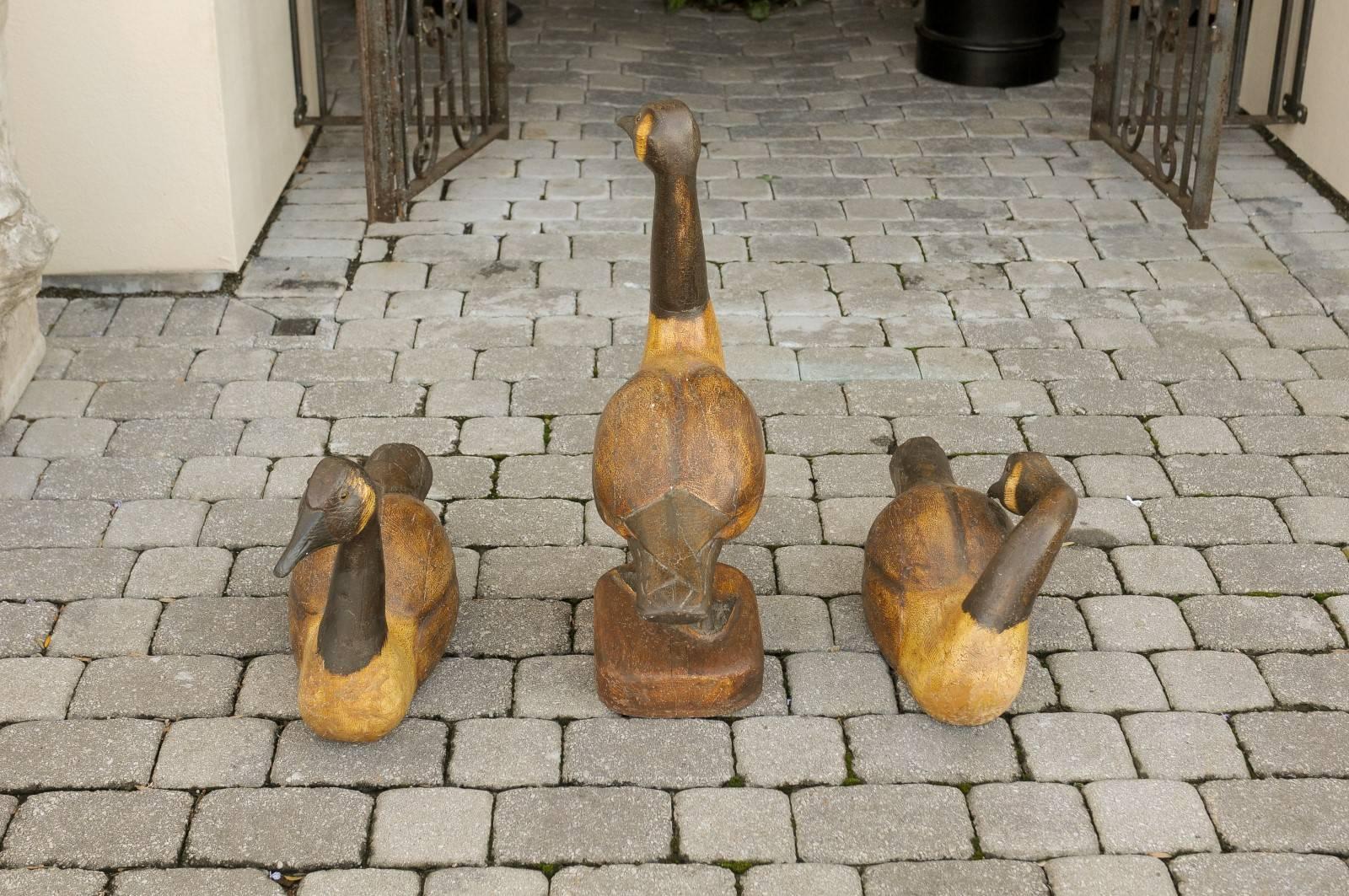 20th Century Set of Three 1900s Life-Size Wood Carved Black-Necked Painted Geese 