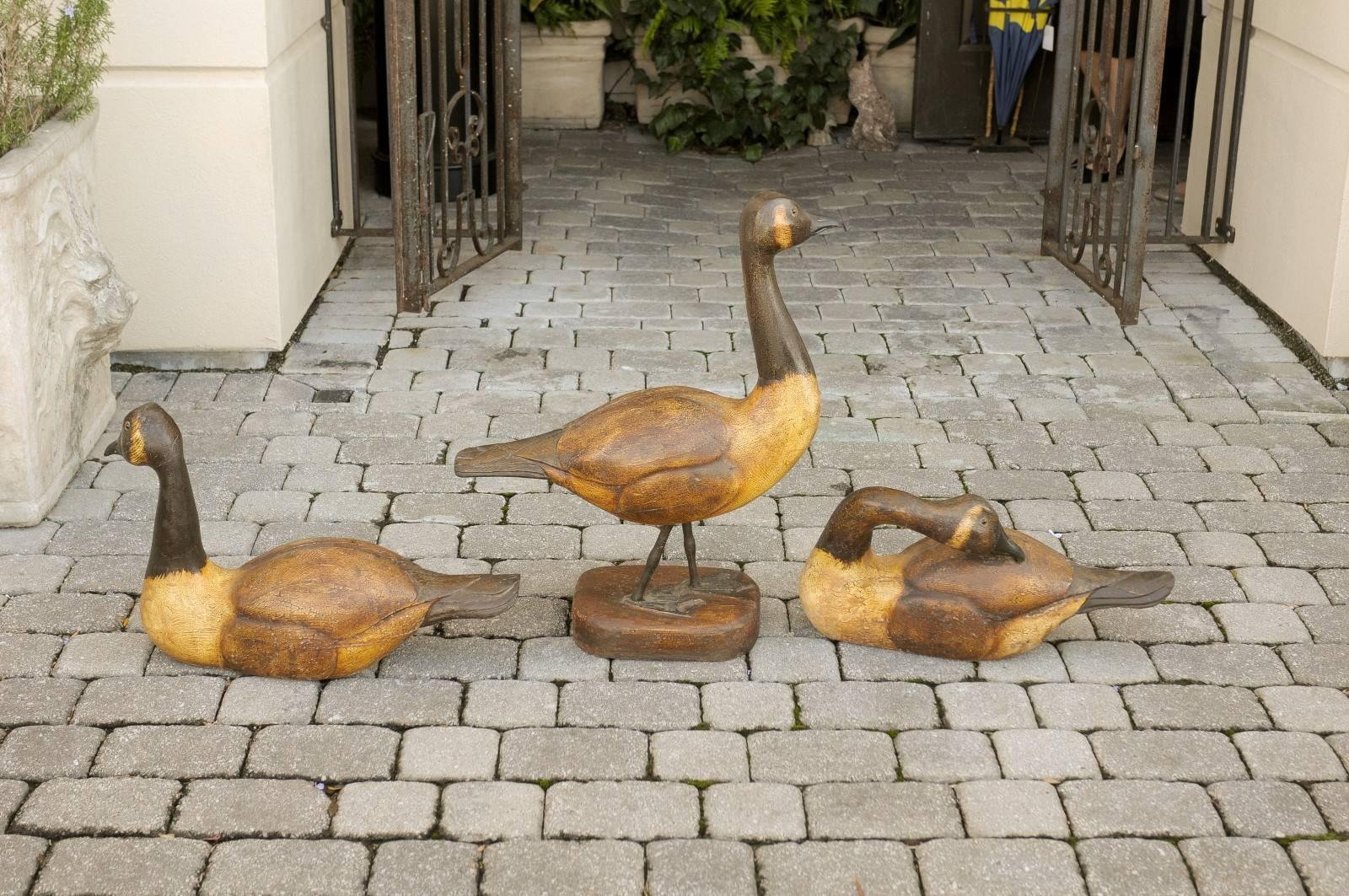 Set of Three 1900s Life-Size Wood Carved Black-Necked Painted Geese  3