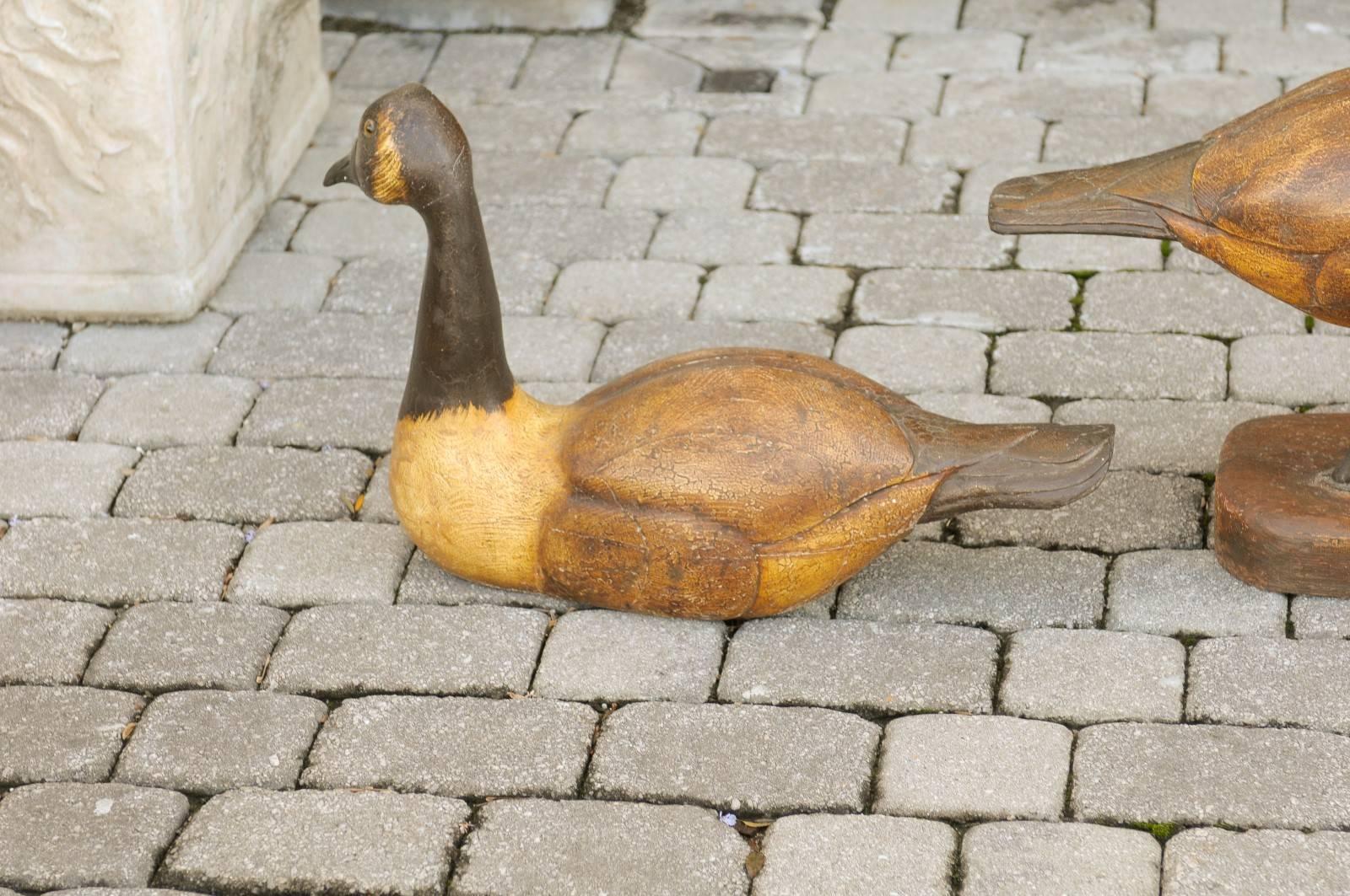 Set of Three 1900s Life-Size Wood Carved Black-Necked Painted Geese  4