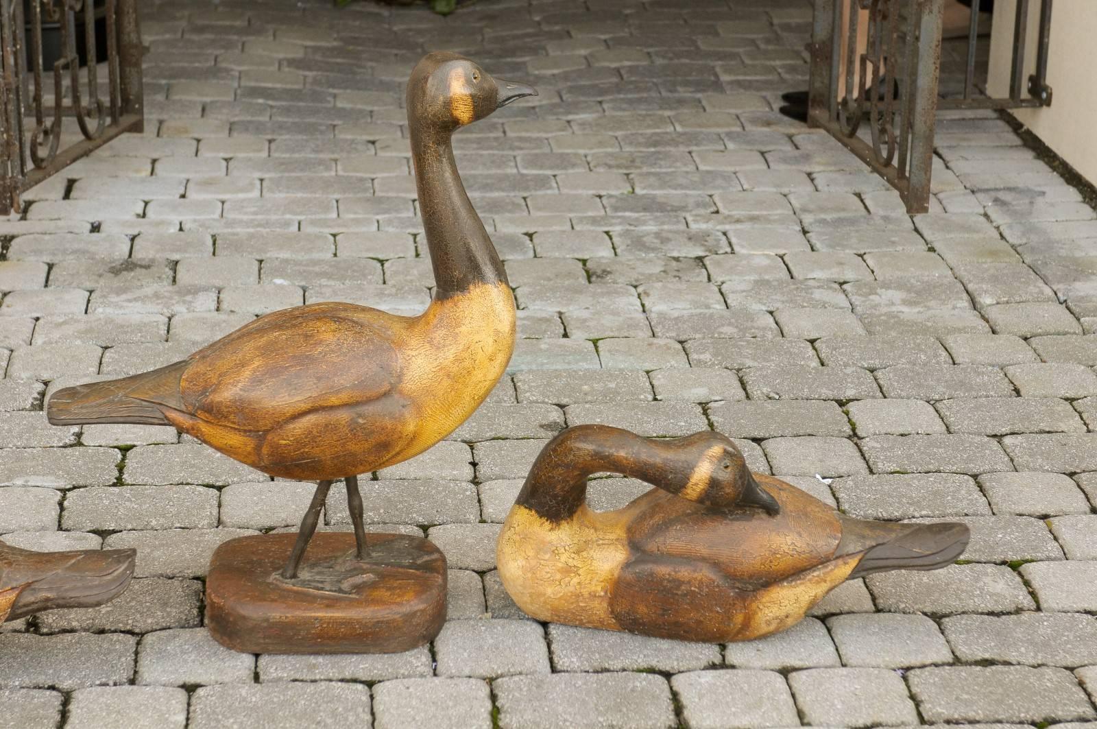 Set of Three 1900s Life-Size Wood Carved Black-Necked Painted Geese  5