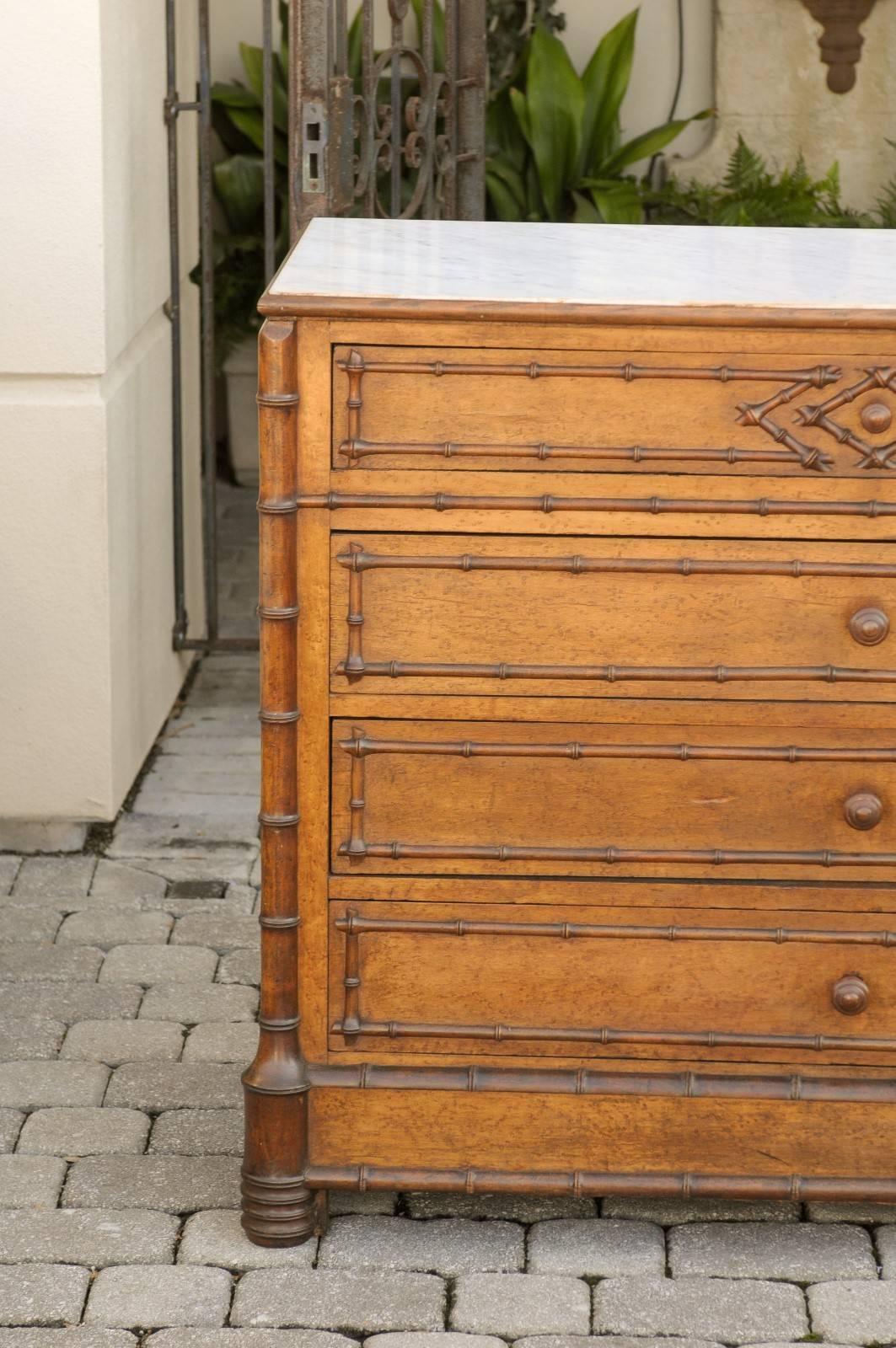 19th Century English Faux Bamboo Trimmed Marble-Top Chest of Drawers with Diamond Motif 