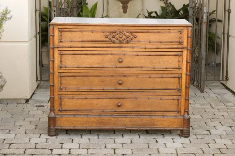 English Faux Bamboo Trimmed Marble Top Chest Of Drawers With