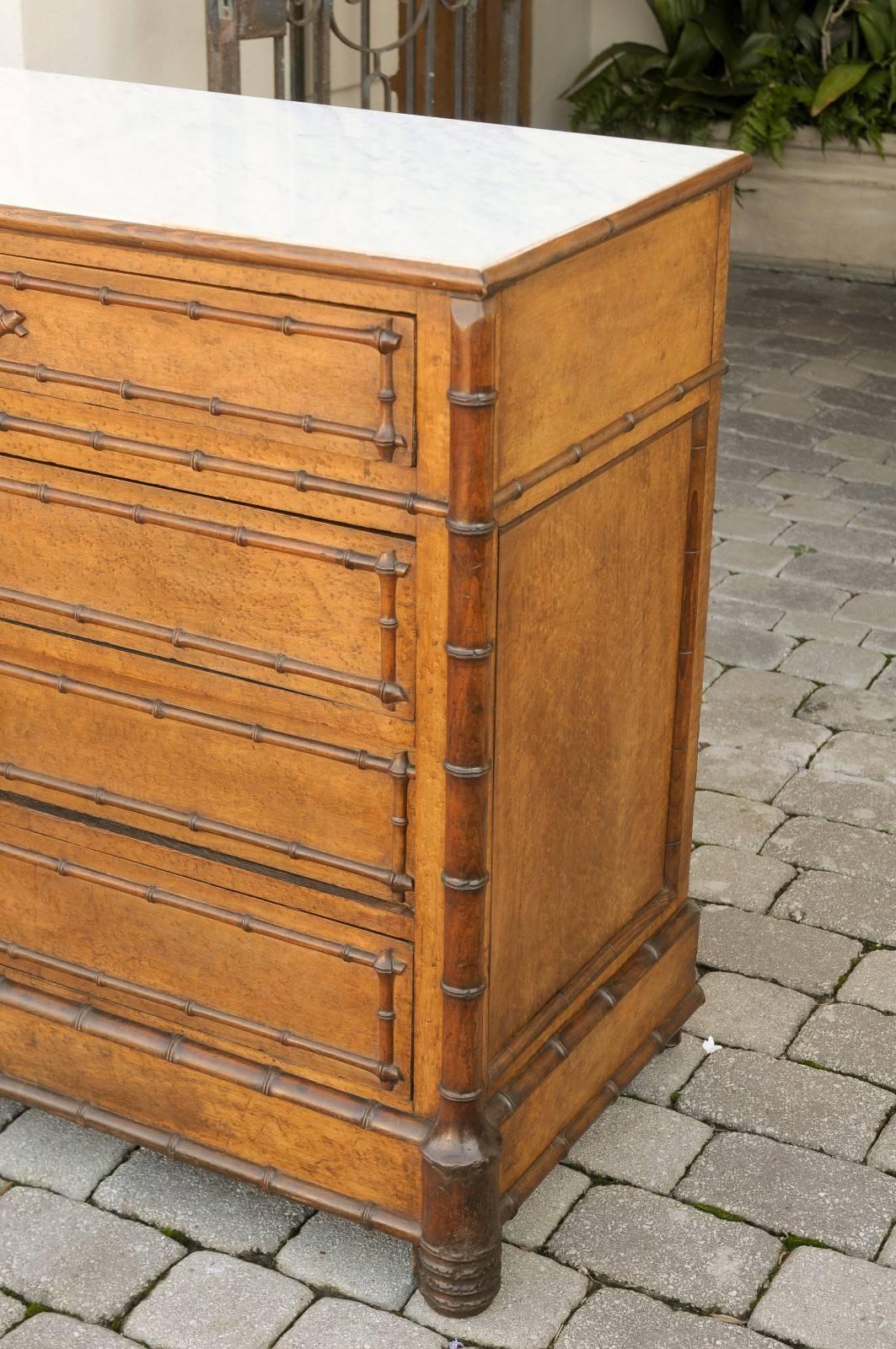 English Faux Bamboo Trimmed Marble-Top Chest of Drawers with Diamond Motif  In Good Condition In Atlanta, GA