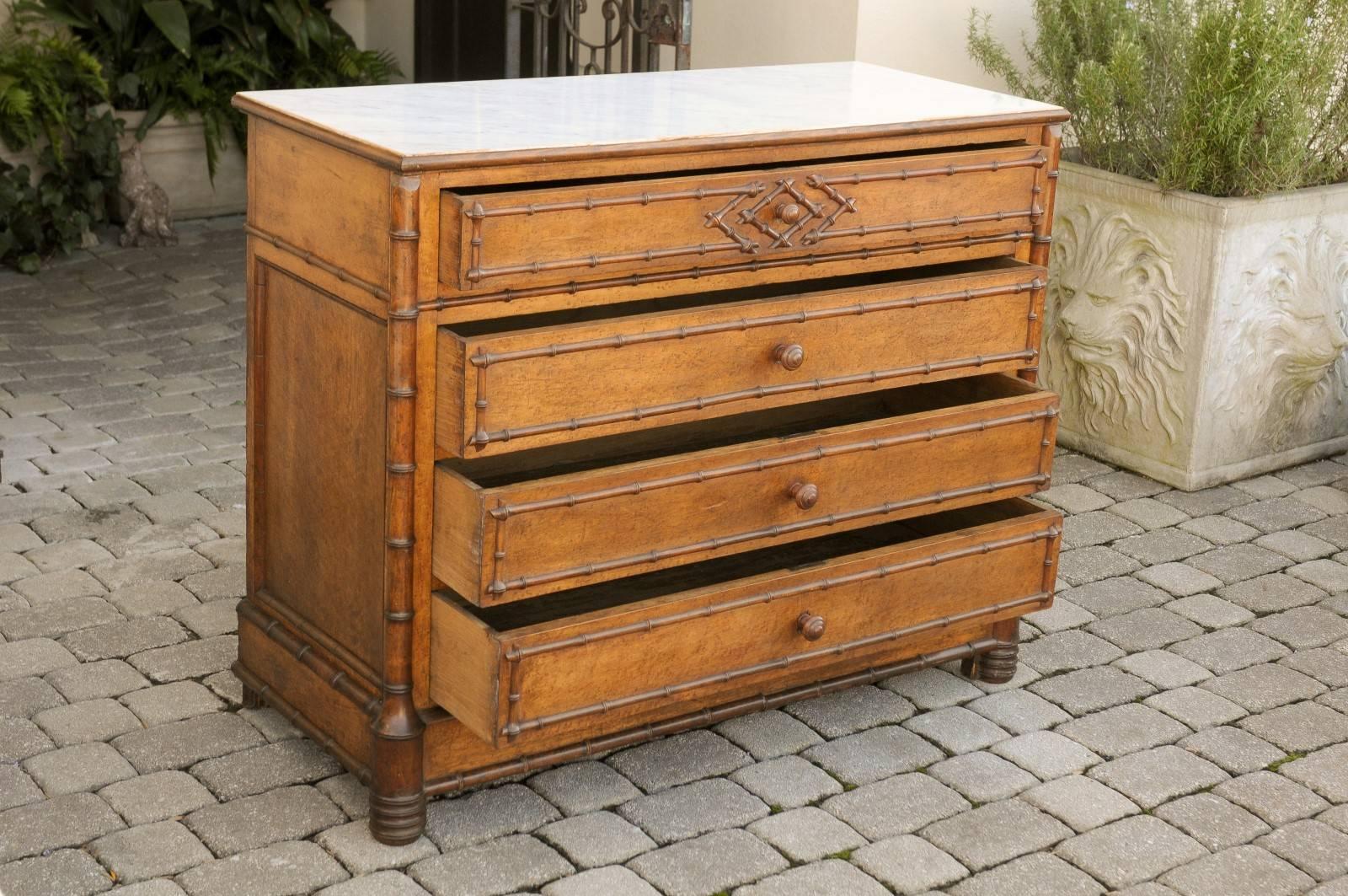 English Faux Bamboo Trimmed Marble-Top Chest of Drawers with Diamond Motif  1
