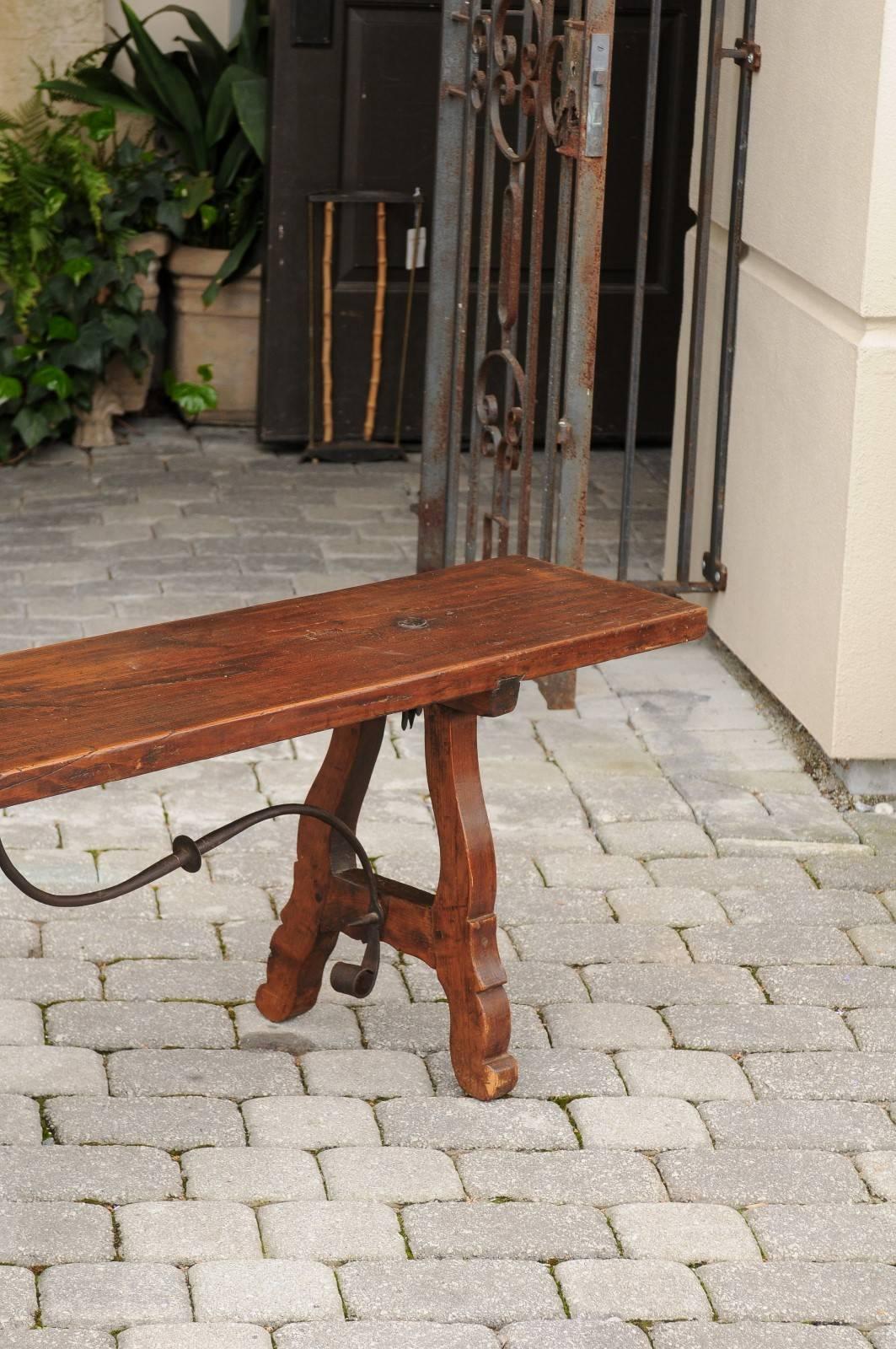 Spanish Late 19th Century Long Wooden Bench with Iron Stretcher 6