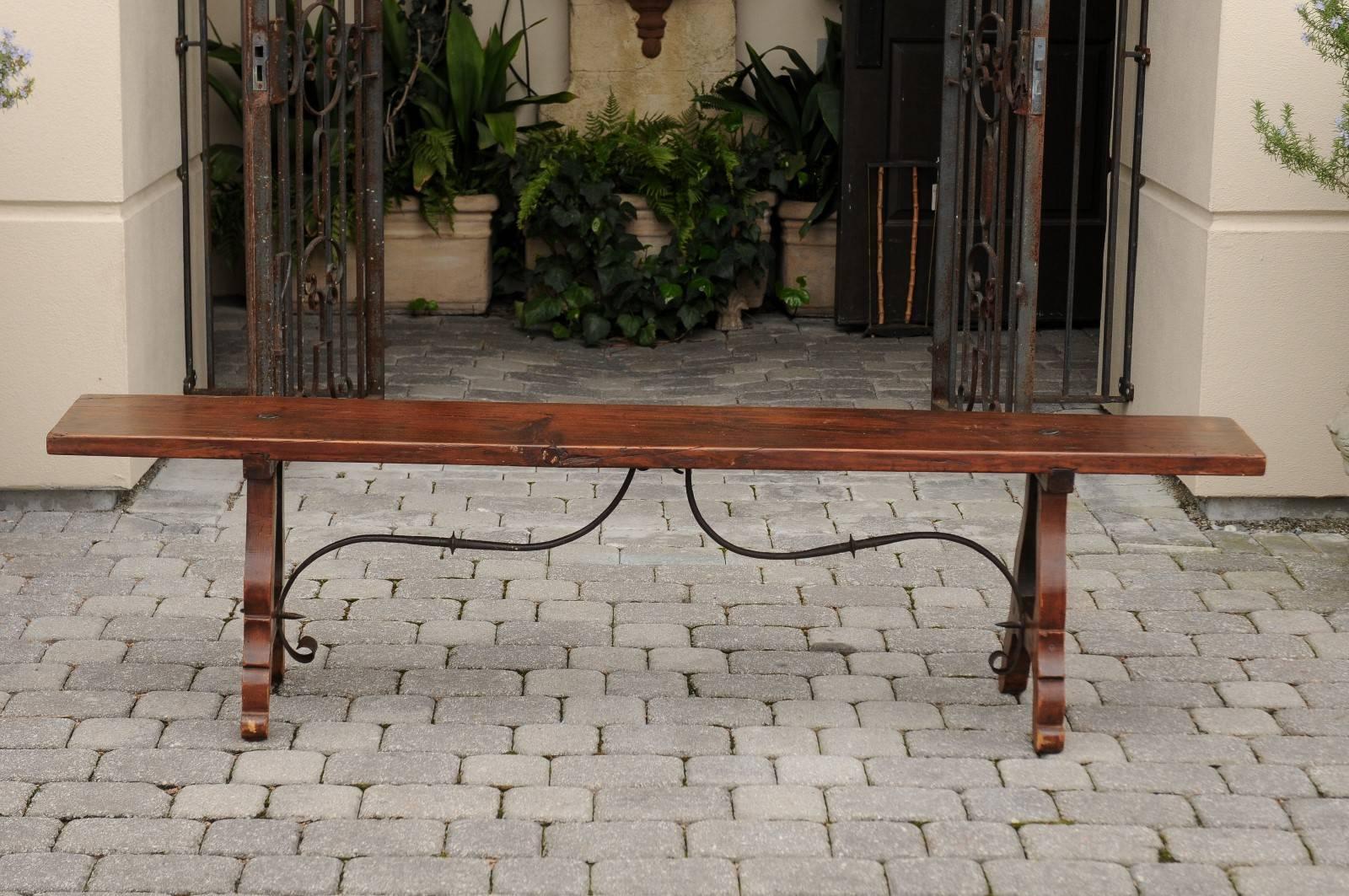 Spanish Late 19th Century Long Wooden Bench with Iron Stretcher 7