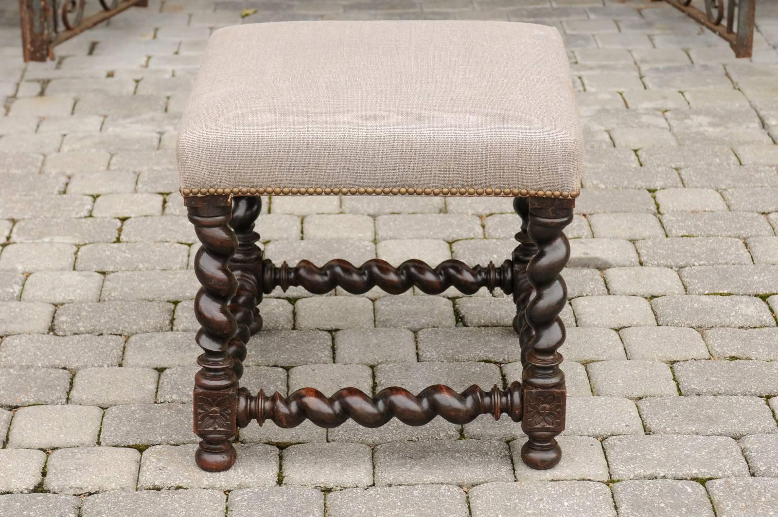 English Barley Twist Upholstered Wooden Stool from the 19th Century 3