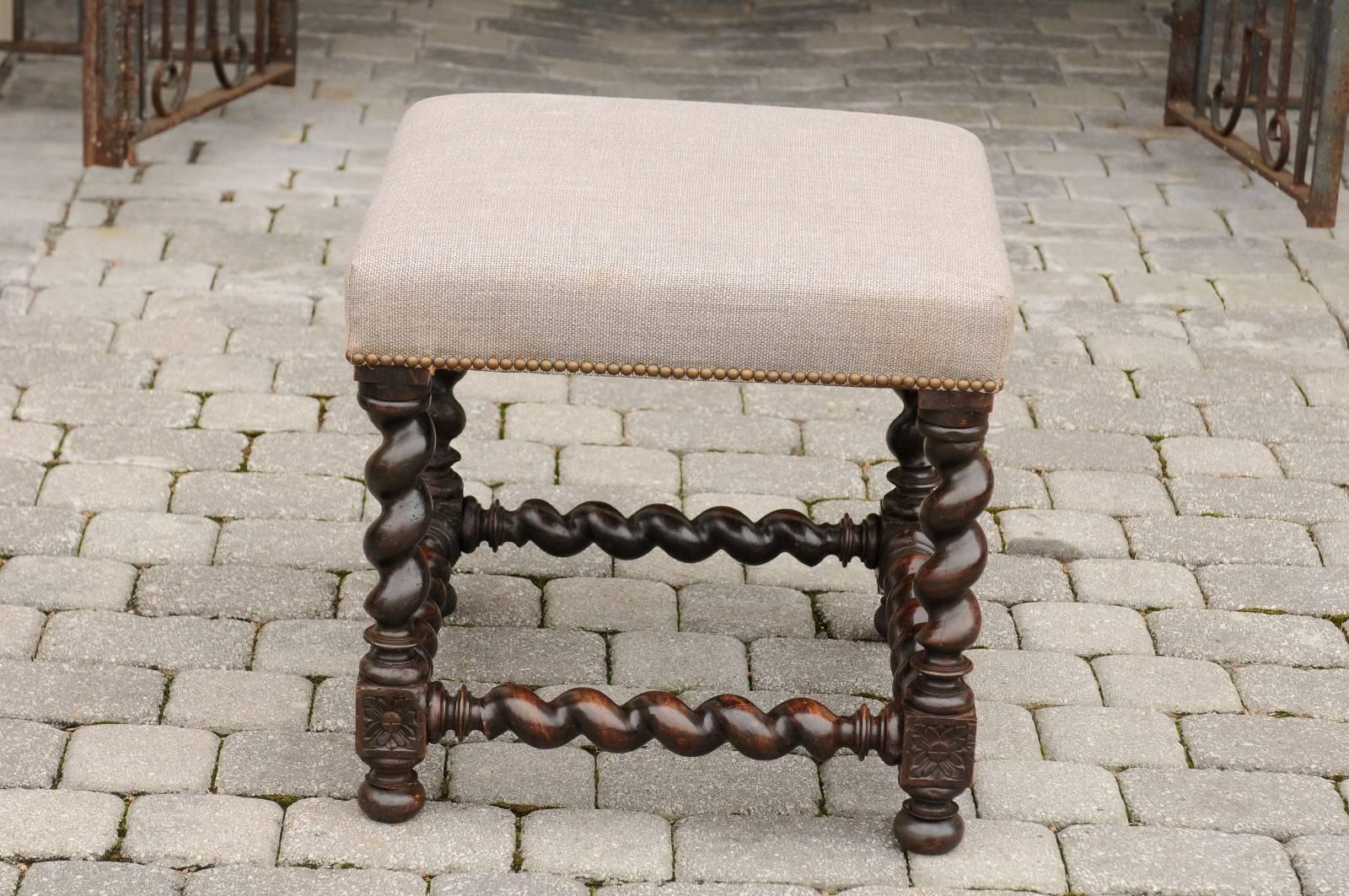 English Barley Twist Upholstered Wooden Stool from the 19th Century 2