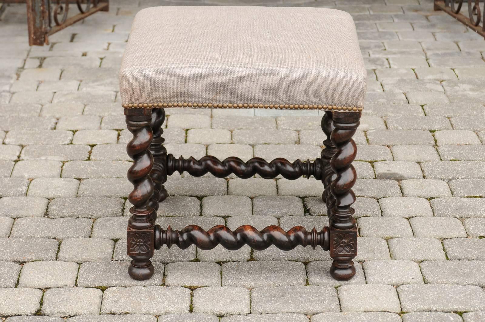 Brass English Barley Twist Upholstered Wooden Stool from the 19th Century