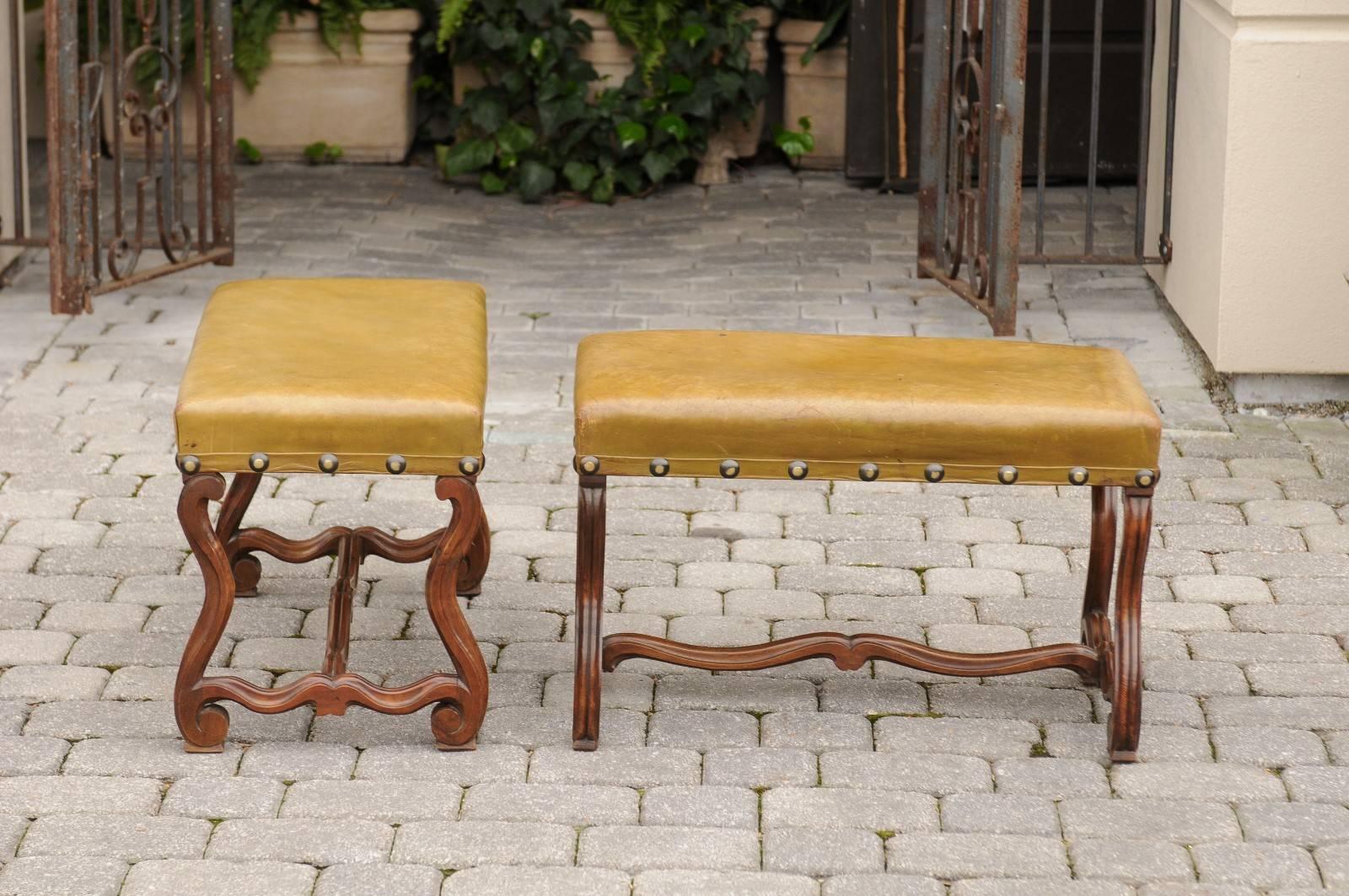 Louis XIII Pair of French Leather Upholstered Mutton Leg Walnut Stools / Benches, Late 19th