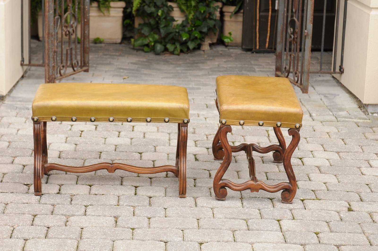 19th Century Pair of French Leather Upholstered Mutton Leg Walnut Stools / Benches, Late 19th