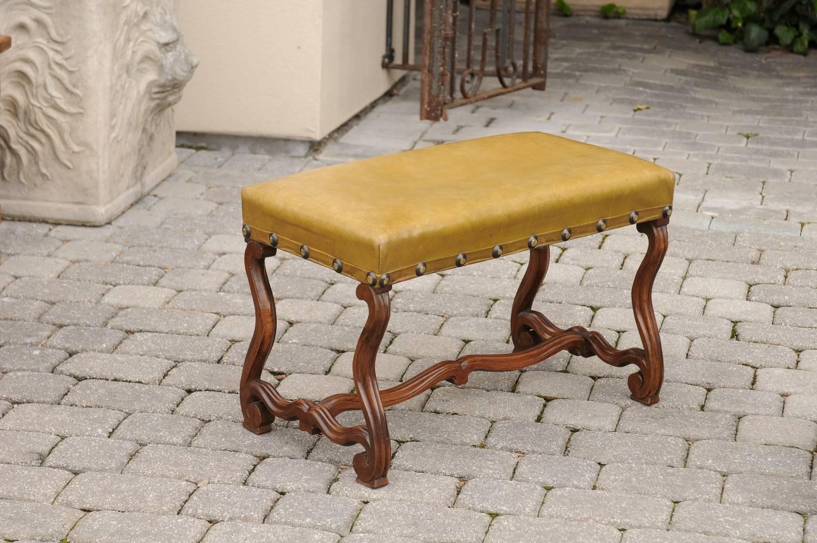 Pair of French Leather Upholstered Mutton Leg Walnut Stools / Benches, Late 19th 1