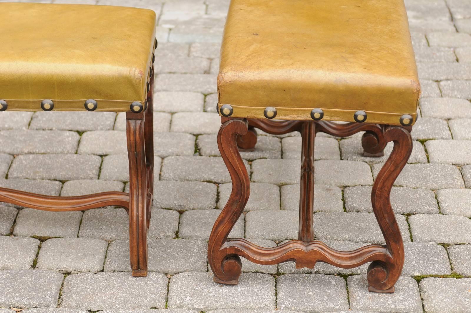 Pair of French Leather Upholstered Mutton Leg Walnut Stools / Benches, Late 19th 2