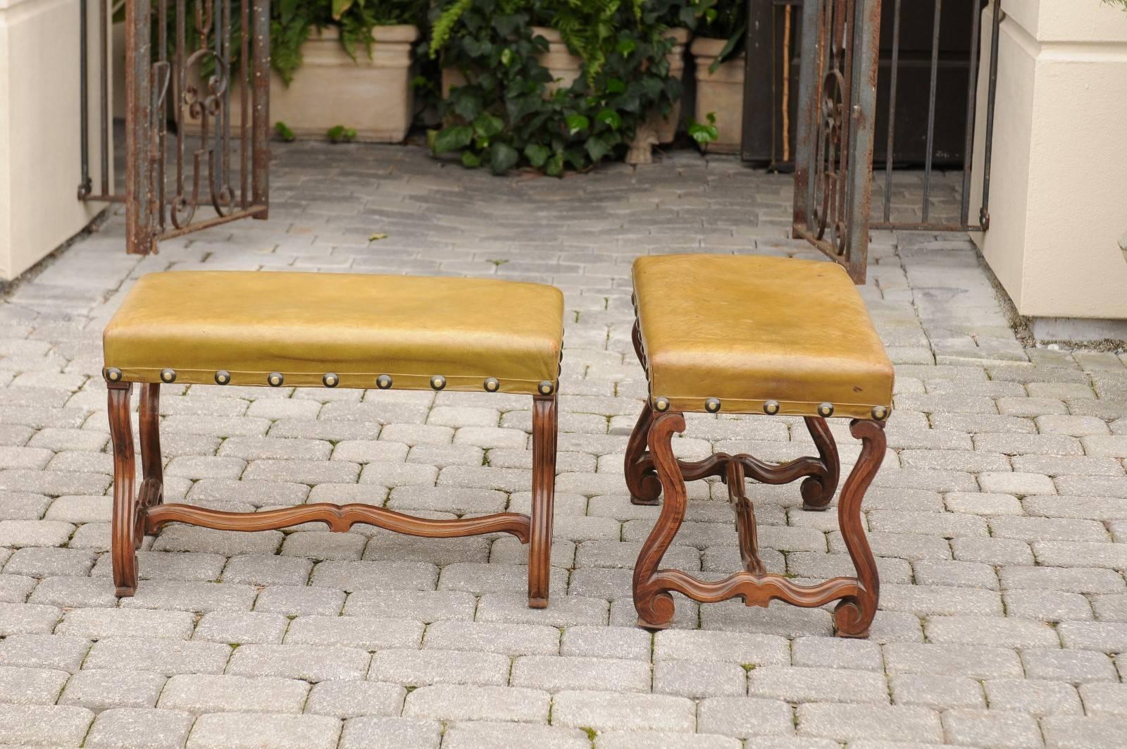 Pair of French Leather Upholstered Mutton Leg Walnut Stools / Benches, Late 19th 4