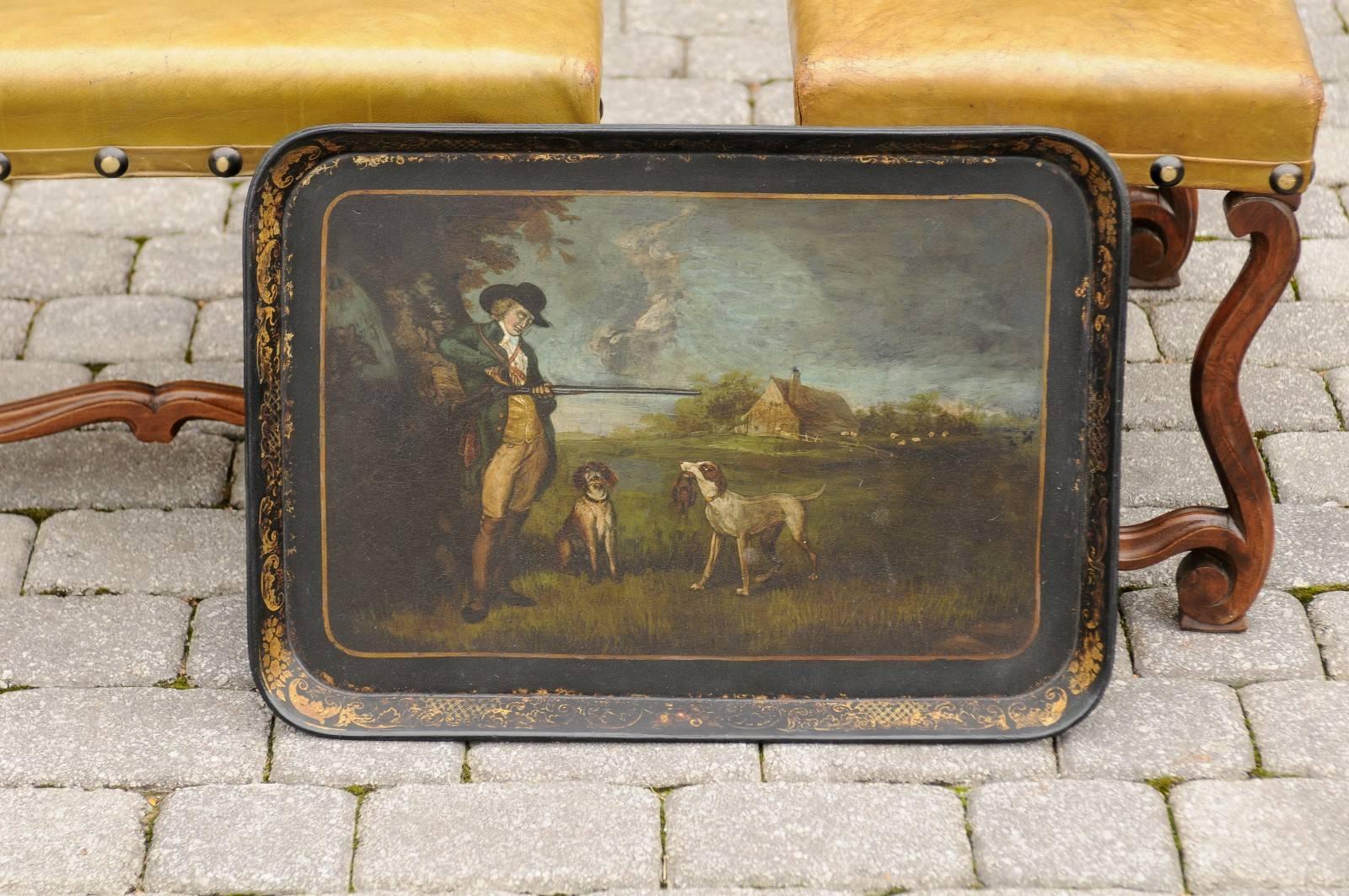 English Painted Wood Tray with Hunter and Dogs from the Mid-19th Century 6