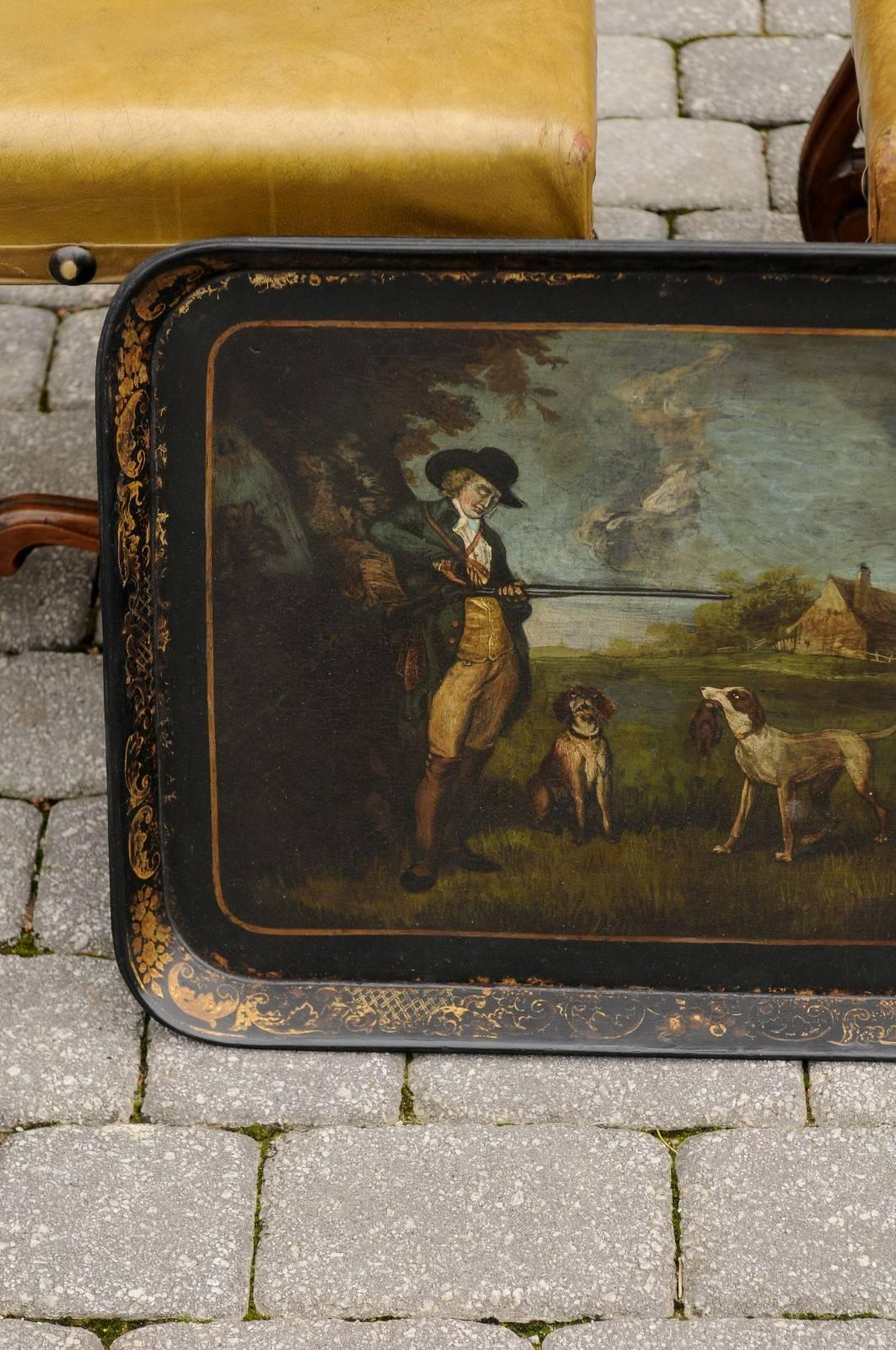 English Painted Wood Tray with Hunter and Dogs from the Mid-19th Century 5