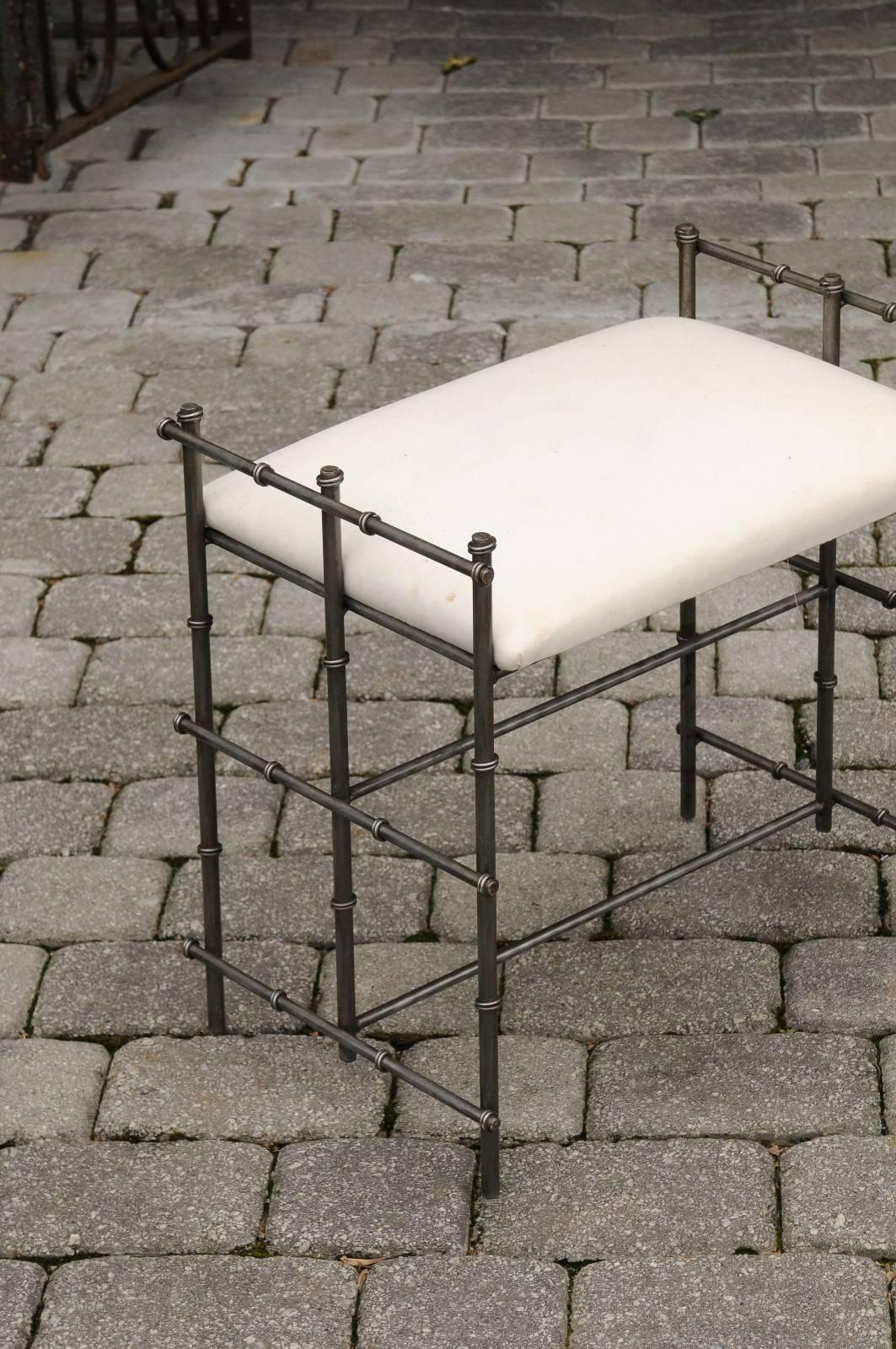 1970s French Upholstered Bench with Metal Geometric Pattern Frame 1
