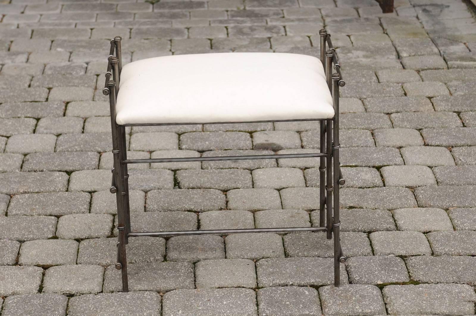 1970s French Upholstered Bench with Metal Geometric Pattern Frame 3