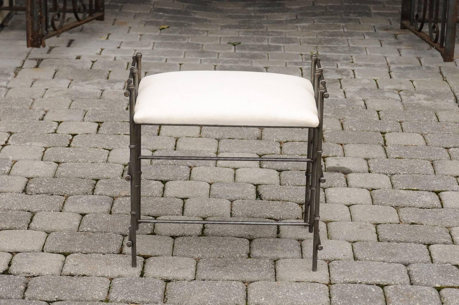 1970s French Upholstered Bench with Metal Geometric Pattern Frame 4