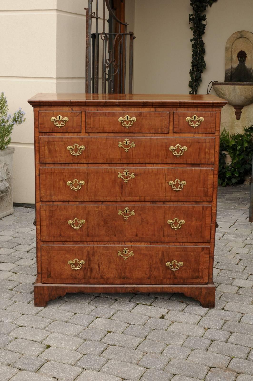English Tall Walnut Chest from the Early 19th Century with Butterfly Veneer Top 5