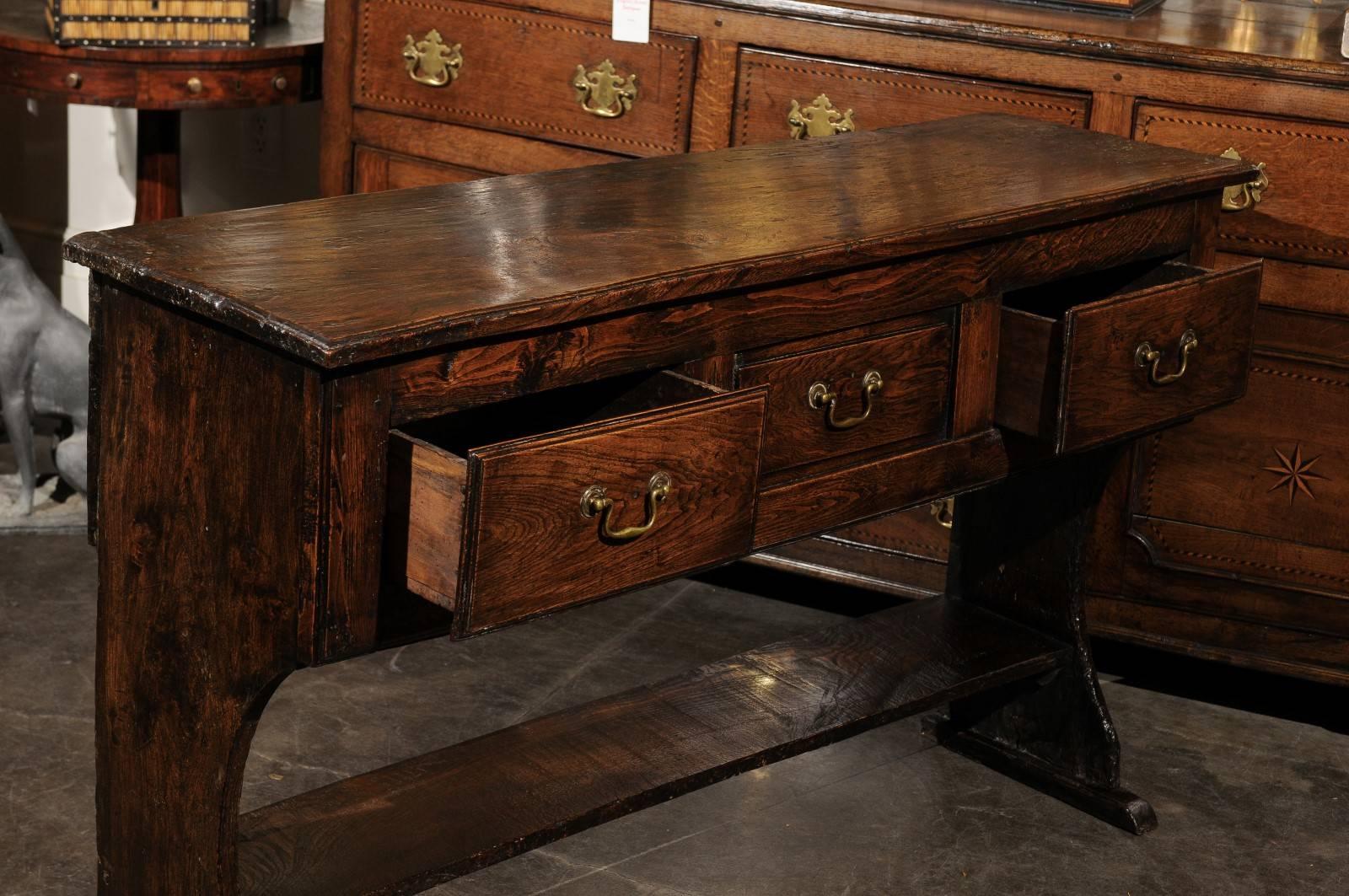 English 18th Century Elm Server / Dresser Base, Three Drawers and Lower Shelf 1