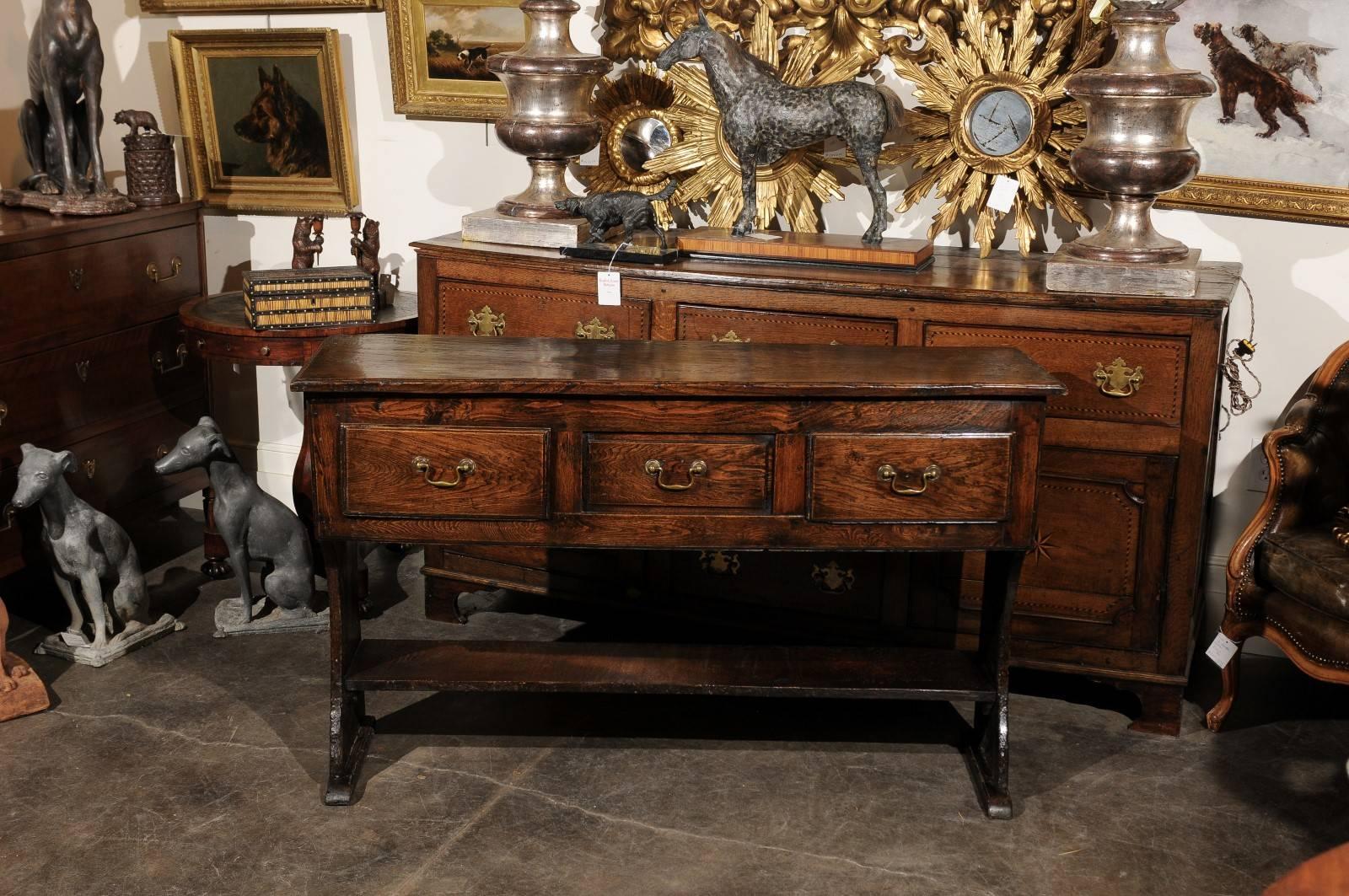 English 18th Century Elm Server / Dresser Base, Three Drawers and Lower Shelf In Excellent Condition In Atlanta, GA