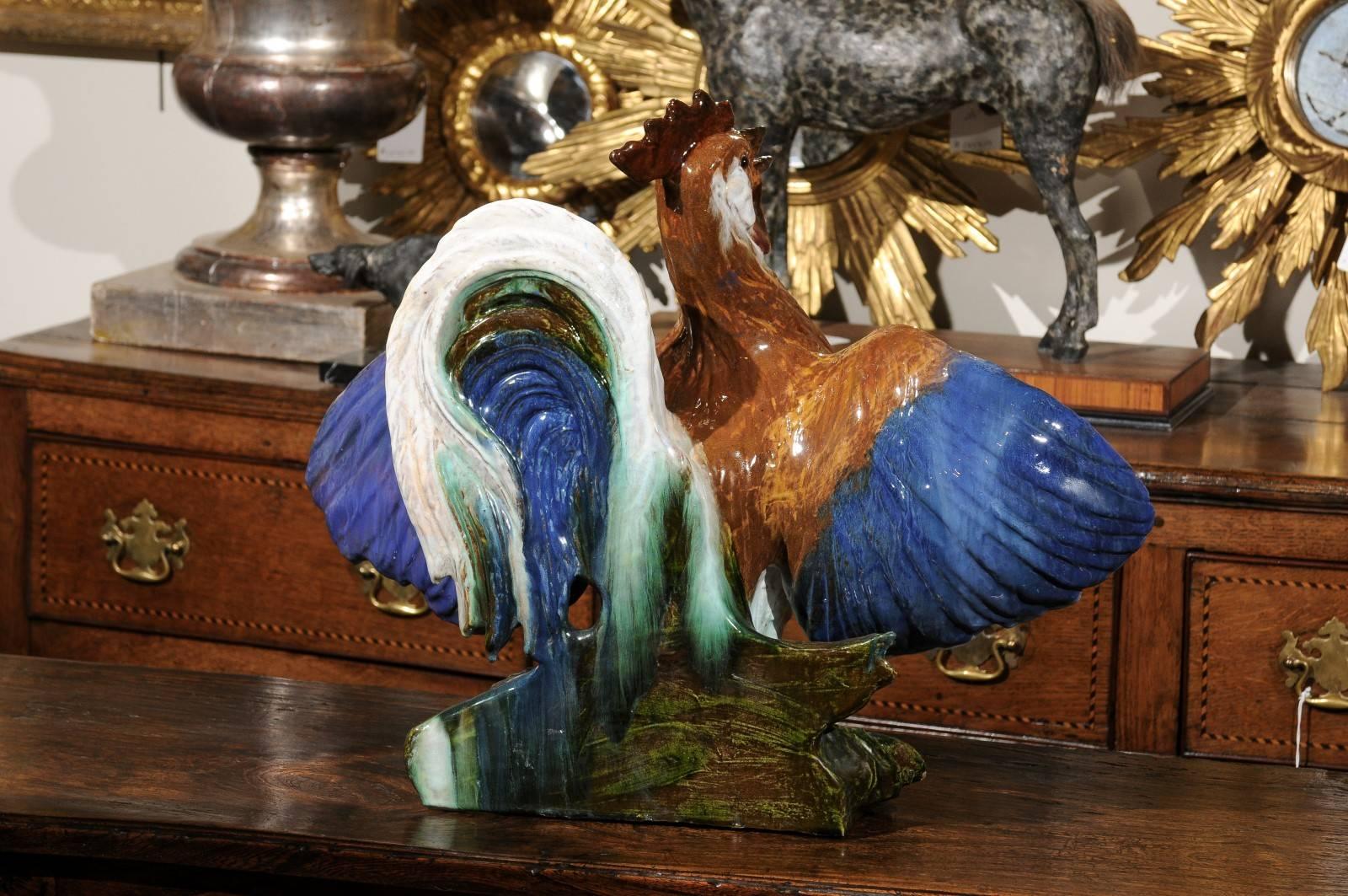 French Rooster Majolica Sculpture from the Turn of the Century In Good Condition In Atlanta, GA