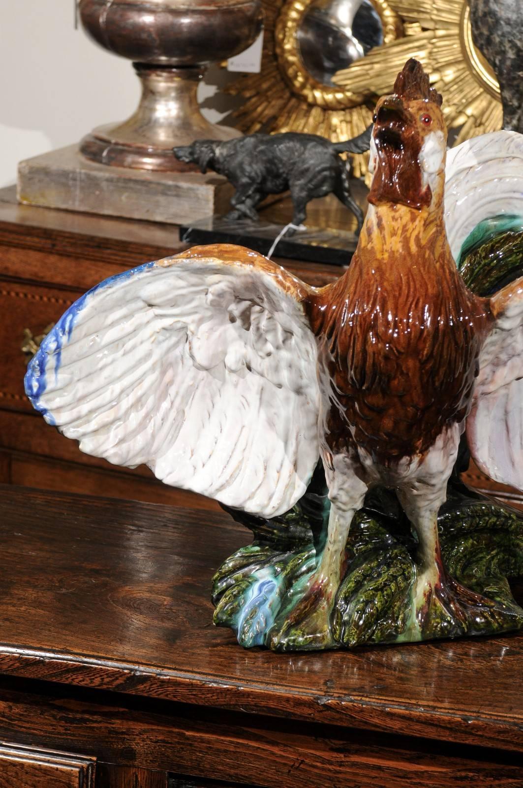 20th Century French Rooster Majolica Sculpture from the Turn of the Century