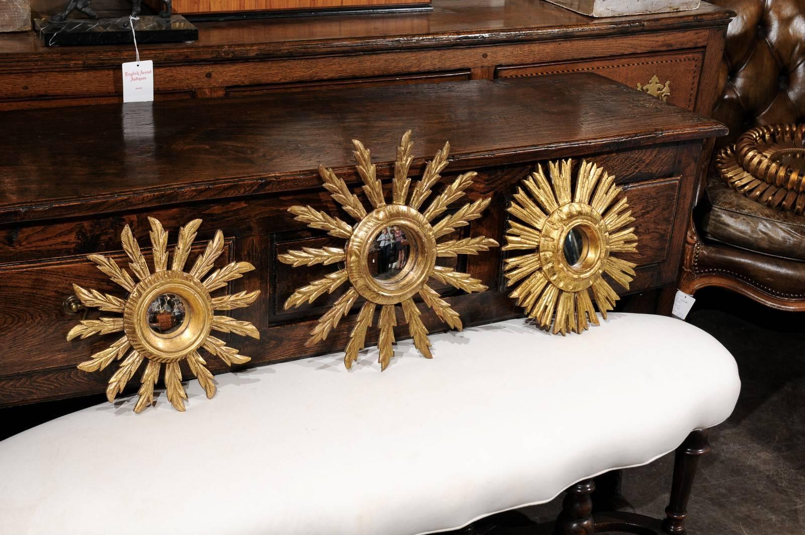 Petite French Giltwood Sunburst Mirrors of Various Sizes from the Mid-Century In Excellent Condition In Atlanta, GA