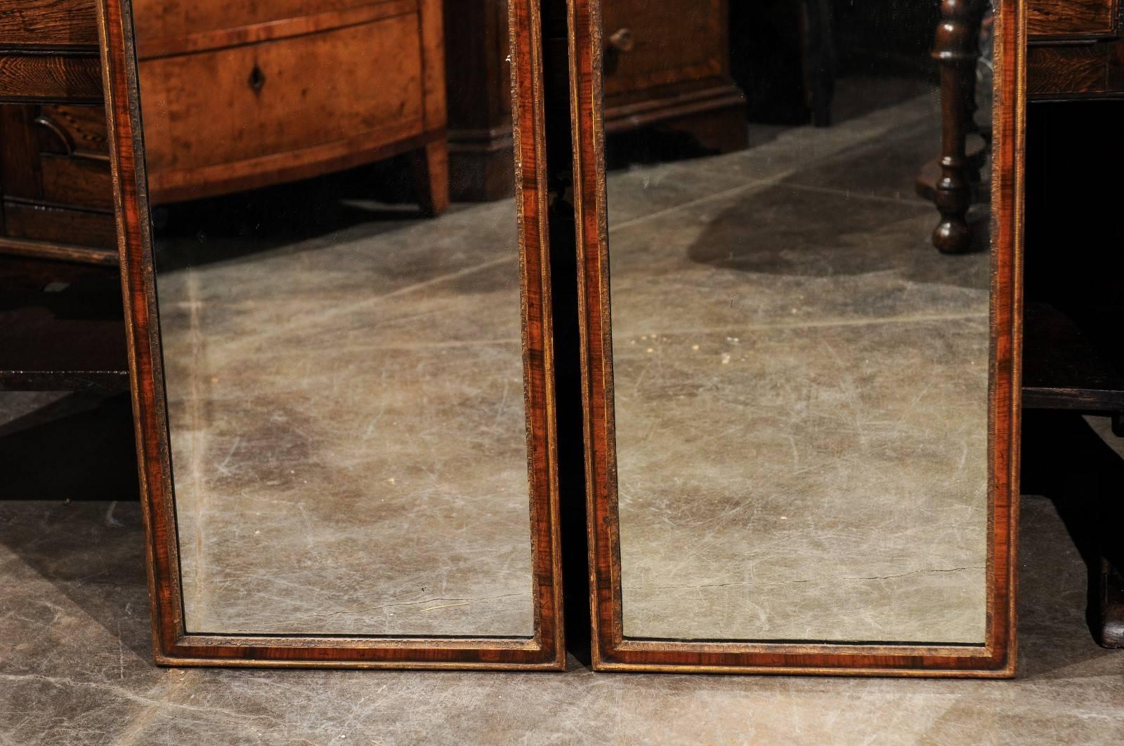 Pair of English Late 19th Century Queen Anne Style Burled Walnut Mirrors 3