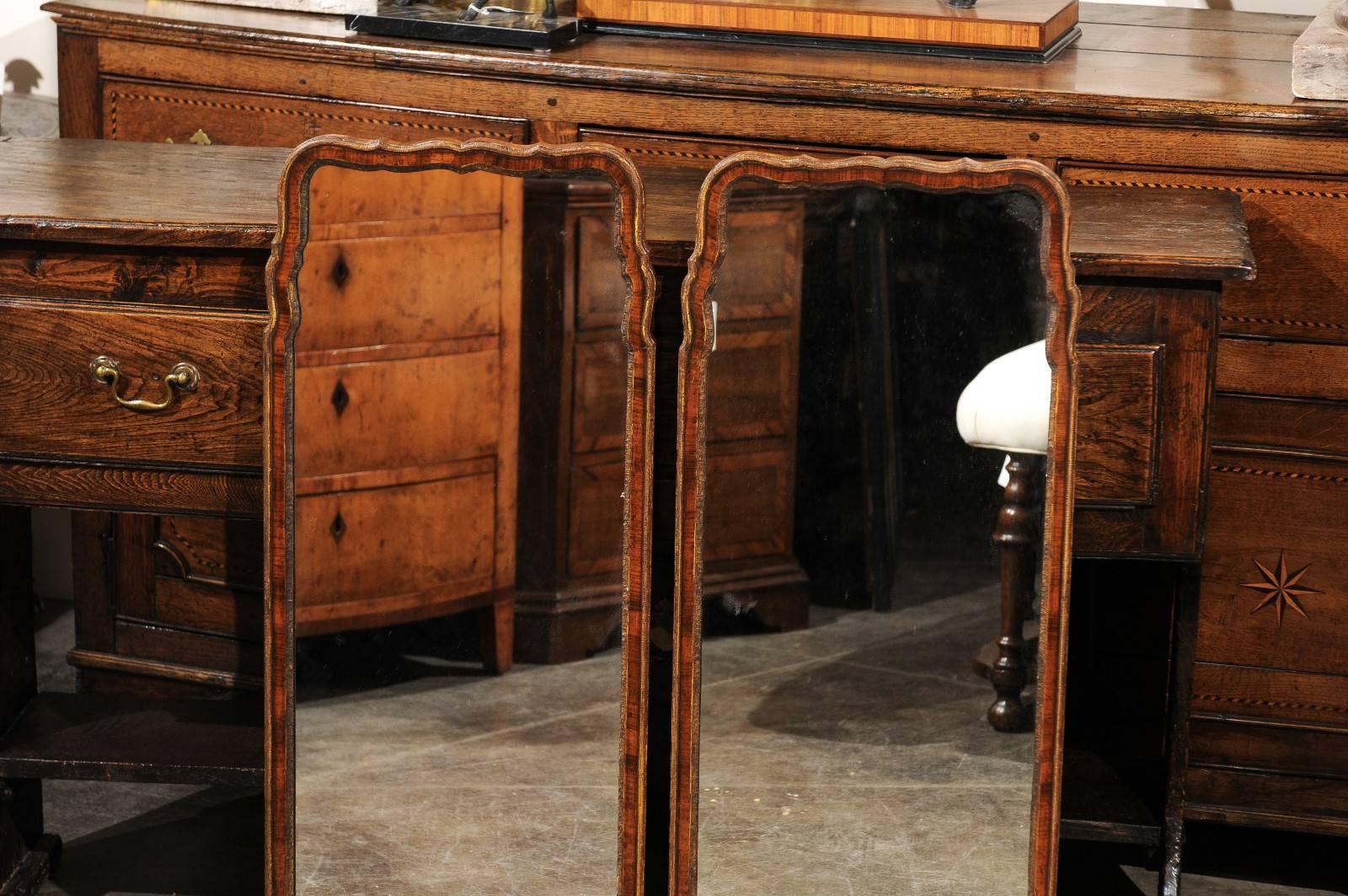 Pair of English Late 19th Century Queen Anne Style Burled Walnut Mirrors 4