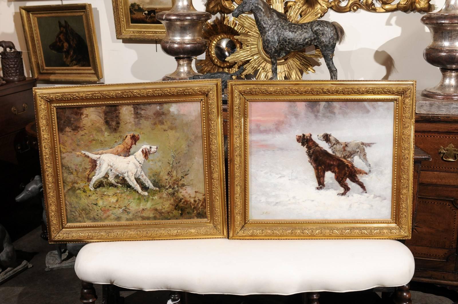 This exquisite pair of French oil paintings from the early 20th century depicts two pairs of sporting dogs set in a giltwood frame and are signed by G. Ben, lower left. Each painting seems to feature a different season. With no doubt, the one on the