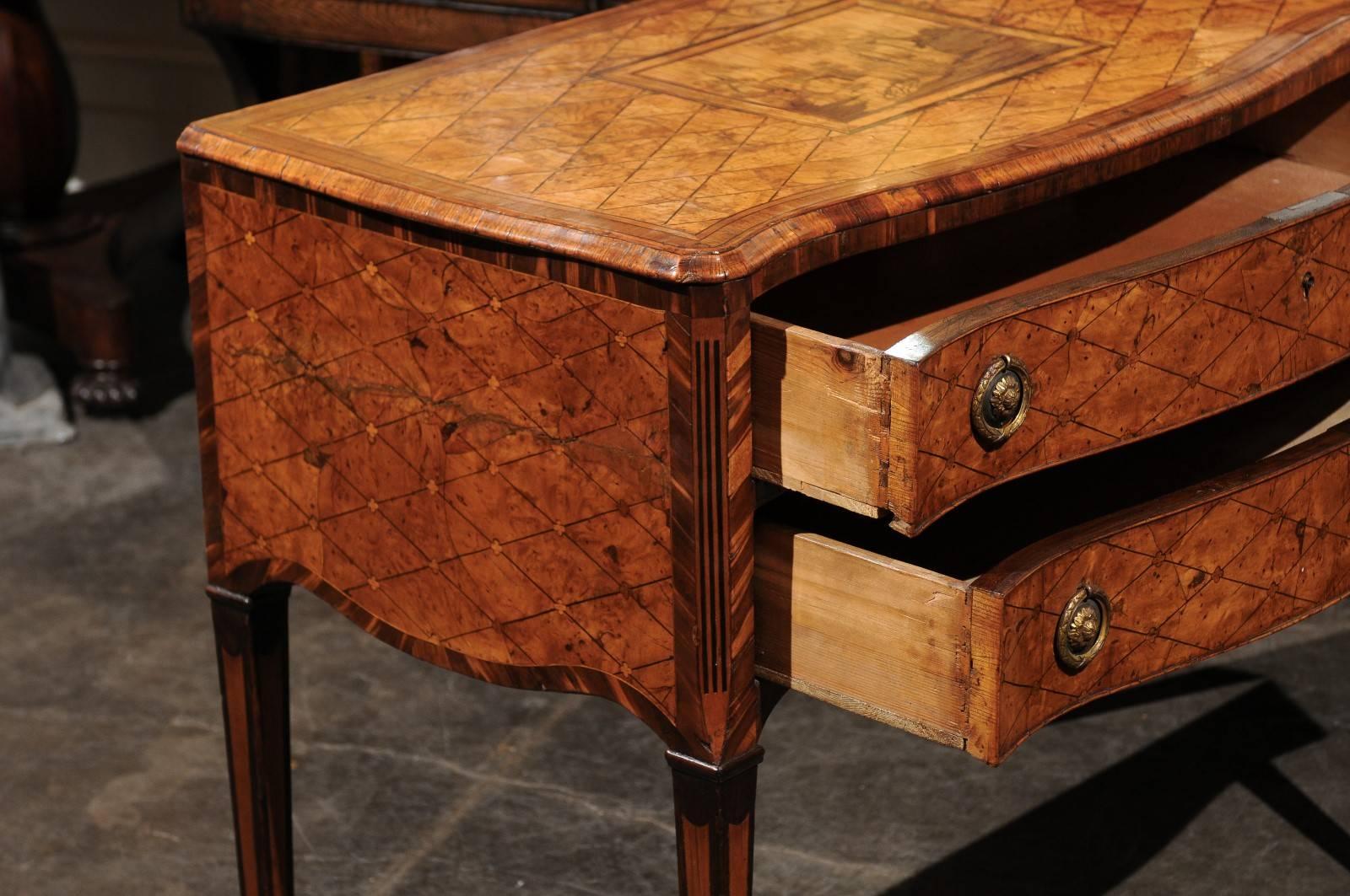 18th Century Italian Marquetry Top Chest with Two Drawers and Serpentine Front In Good Condition In Atlanta, GA