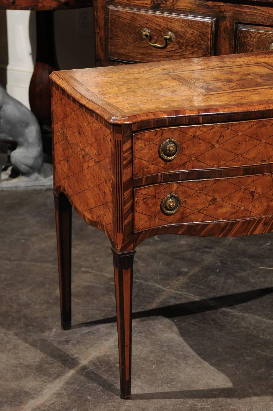 Wood 18th Century Italian Marquetry Top Chest with Two Drawers and Serpentine Front