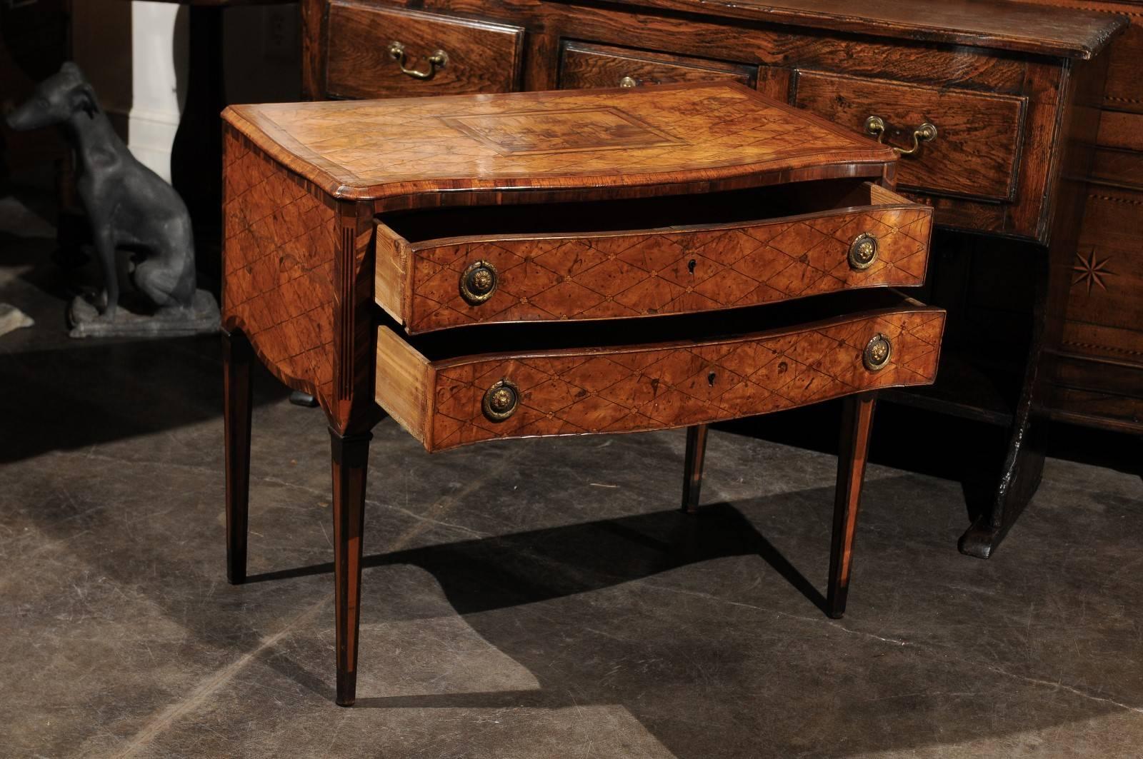 18th Century Italian Marquetry Top Chest with Two Drawers and Serpentine Front 2