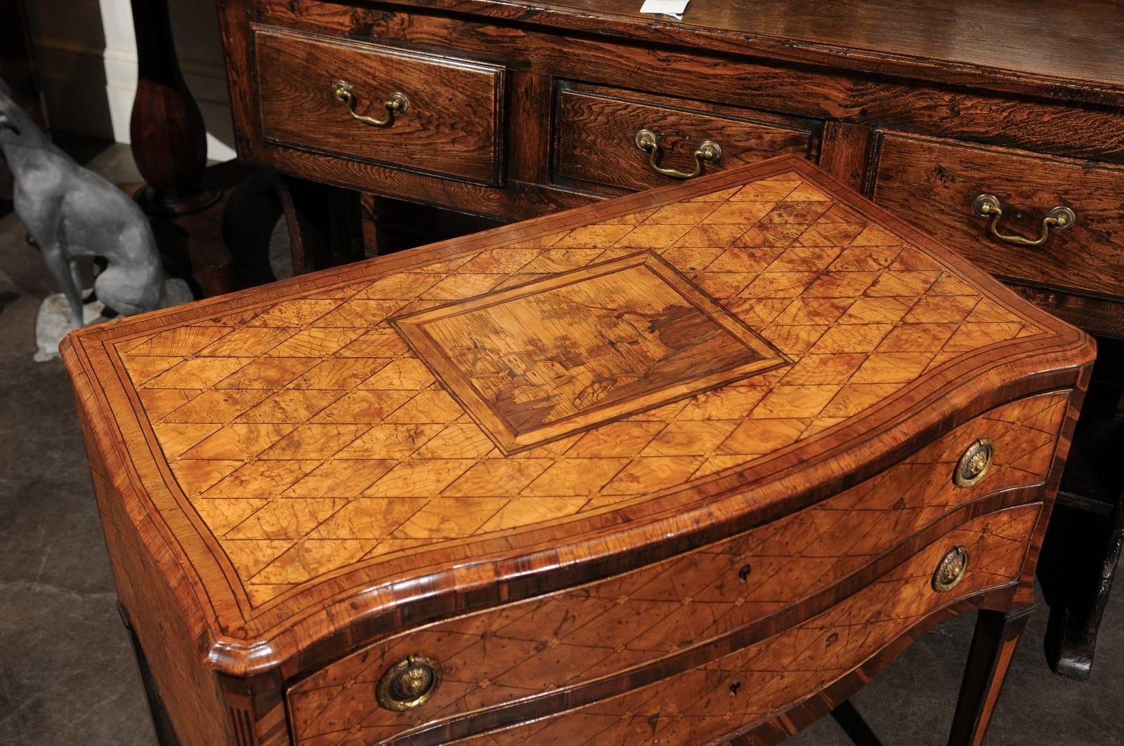 18th Century Italian Marquetry Top Chest with Two Drawers and Serpentine Front 3