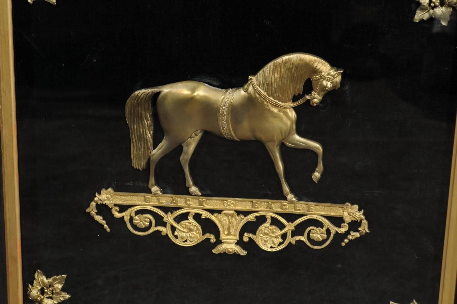 English 19th Century Brass Black Eagle Prancing Horse in Custom Shadowbox Frame In Good Condition For Sale In Atlanta, GA