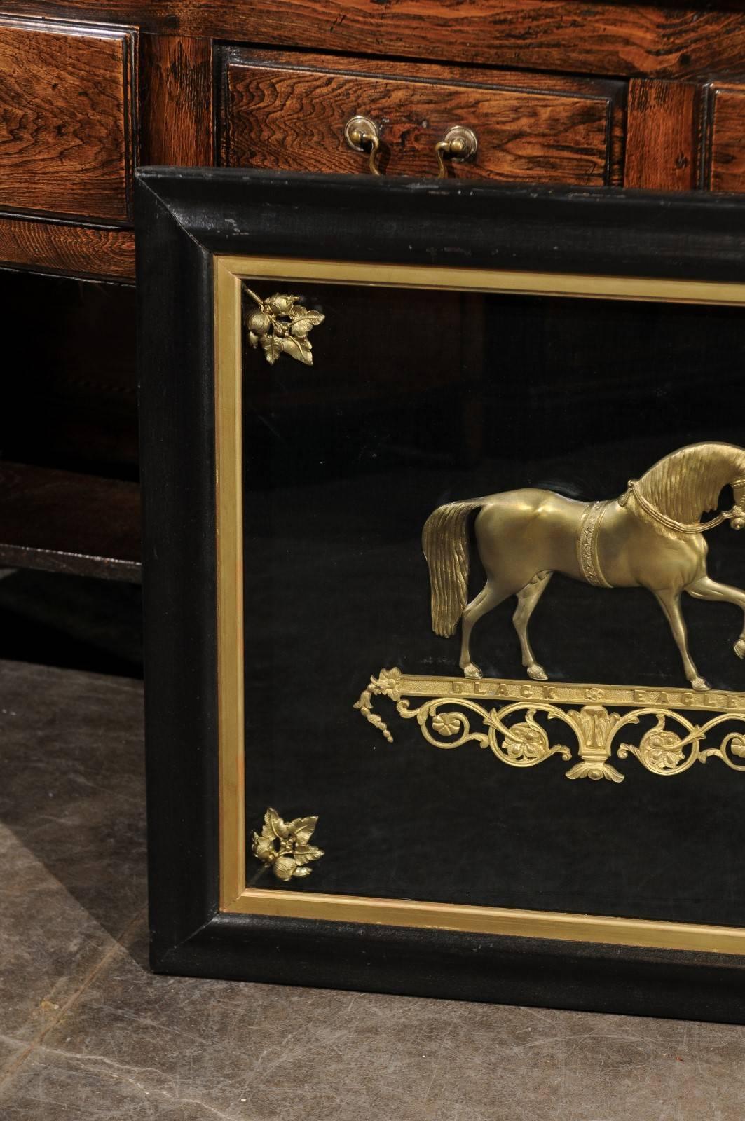 English 19th Century Brass Black Eagle Prancing Horse in Custom Shadowbox Frame For Sale 1