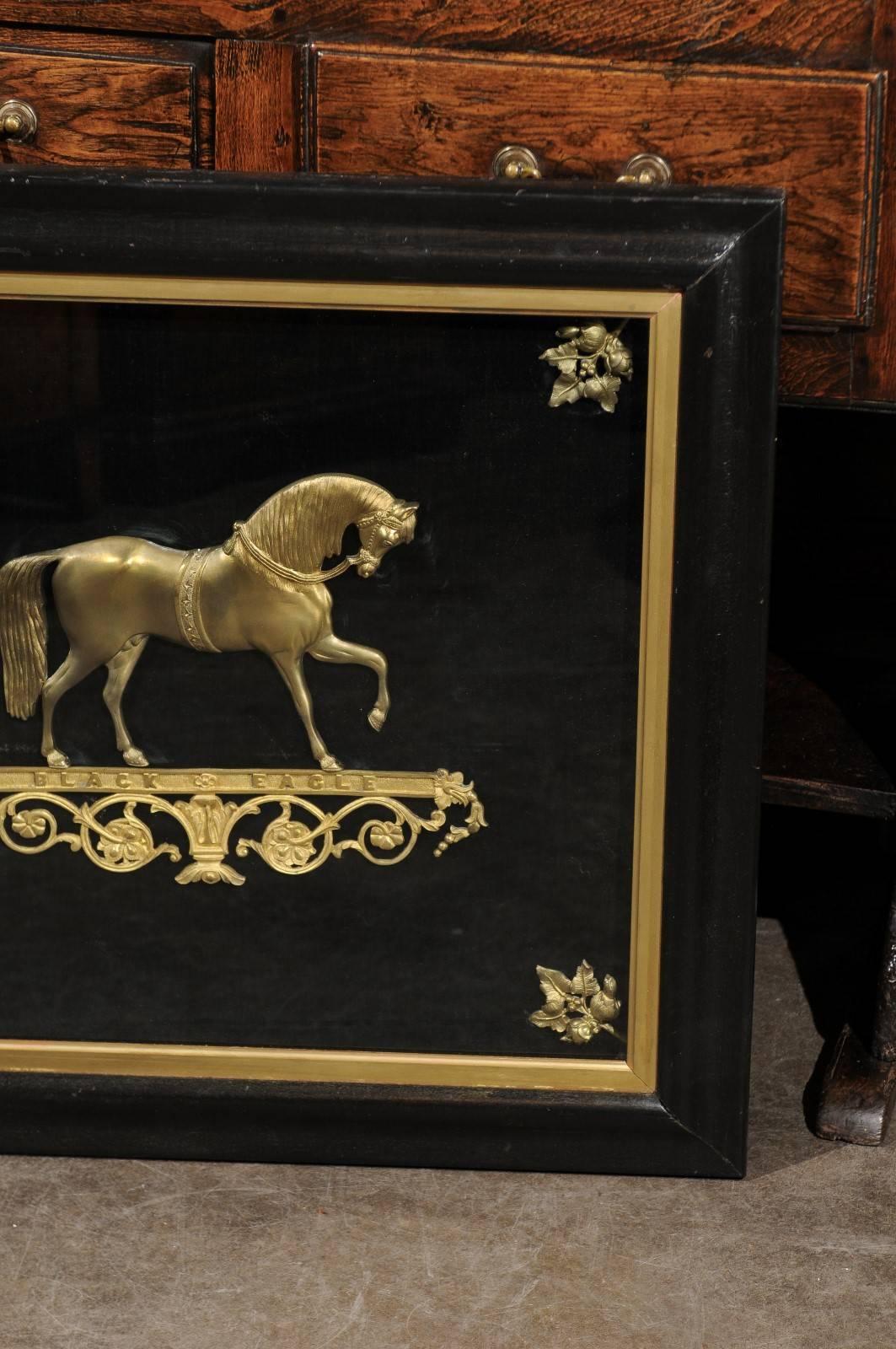 English 19th Century Brass Black Eagle Prancing Horse in Custom Shadowbox Frame For Sale 2