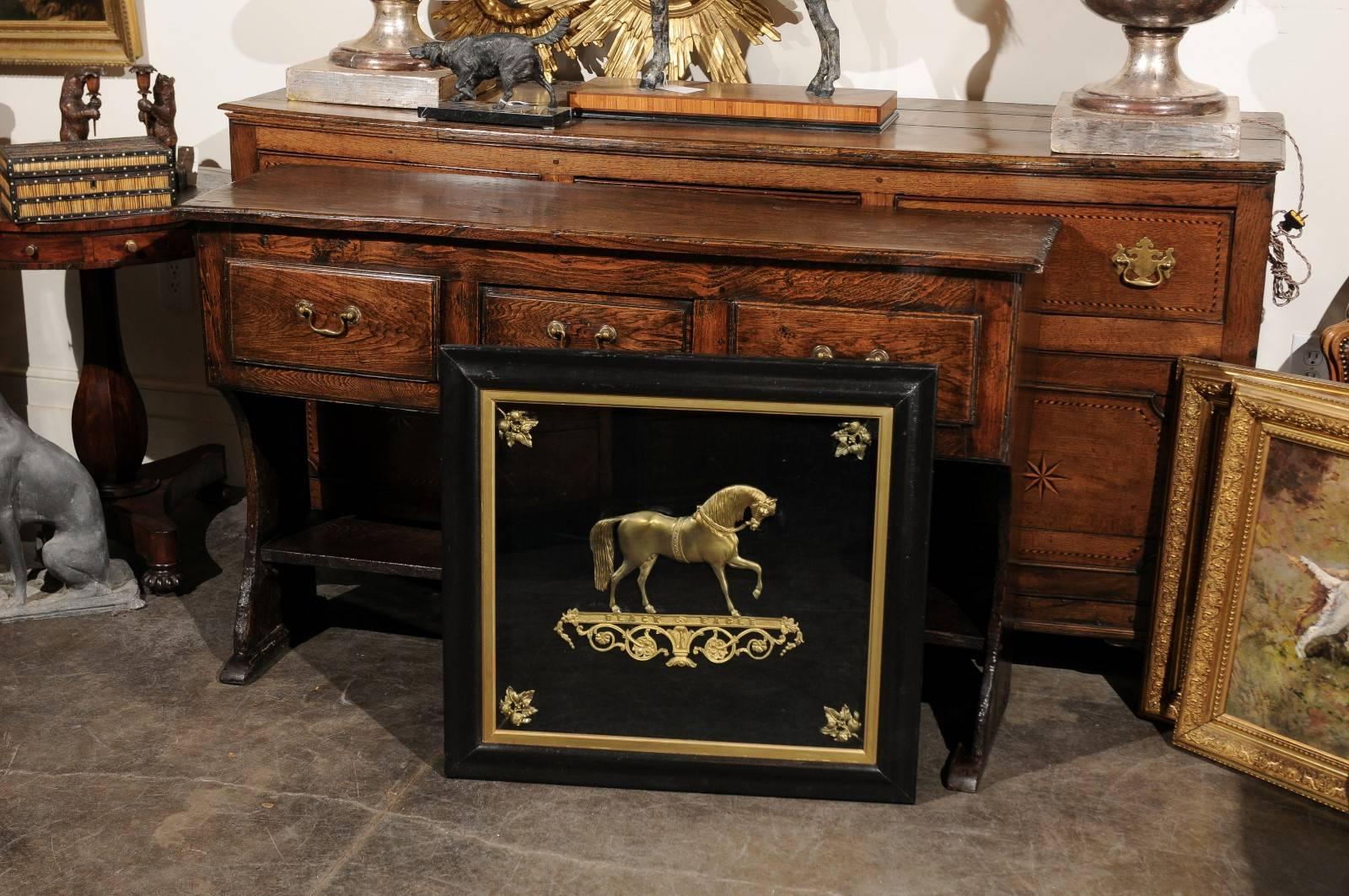 Painted English 19th Century Brass Black Eagle Prancing Horse in Custom Shadowbox Frame For Sale