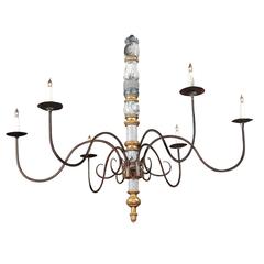 Antique Italian Large Early 20th Century Six-Light Wood and Iron Candelabra Chandelier