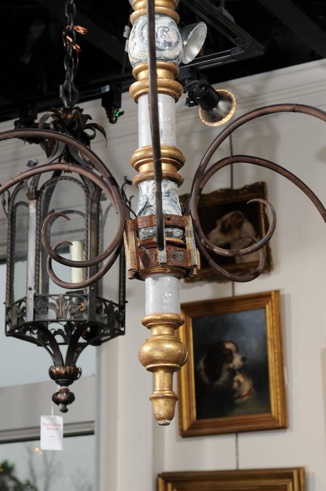 Italian Large Early 20th Century Six-Light Wood and Iron Candelabra Chandelier In Good Condition In Atlanta, GA