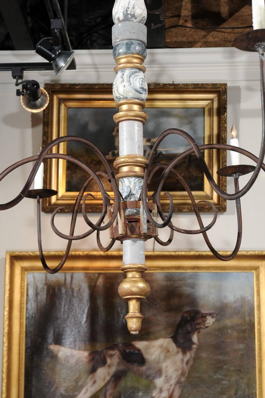 Italian Large Early 20th Century Six-Light Wood and Iron Candelabra Chandelier 5