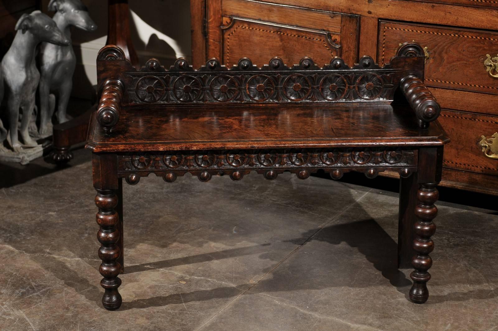 English Carved Oak Window Bench with Bobbin Legs from 19th Century 4